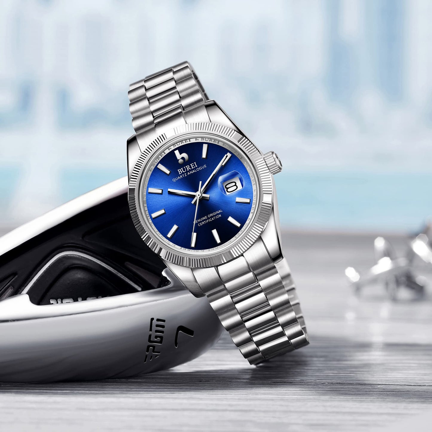 BUREI Herren Uhren Quarz Armbanduhr Datumsanzeige Saphirglas Objektiv mit Zwei Tönen Edelstahlband