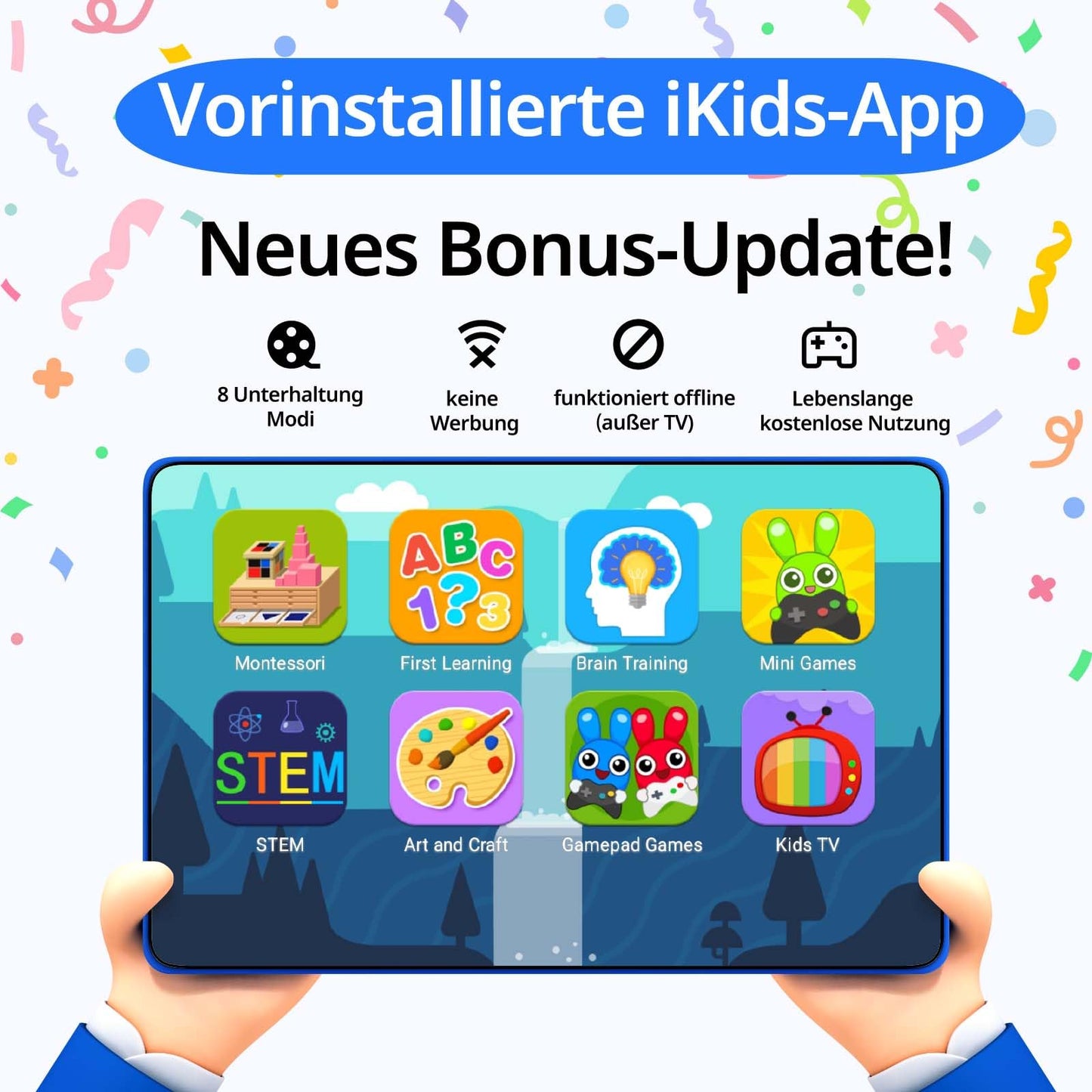 Kinder Kinder-Tablet 10 Zoll mit Android 14 Octa-Core-Prozessor, 4 GB RAM + 64 GB ROM (1 TB TF-Karte) mit Kindersicherungs-App, 6000 mAh Akku, WLAN 