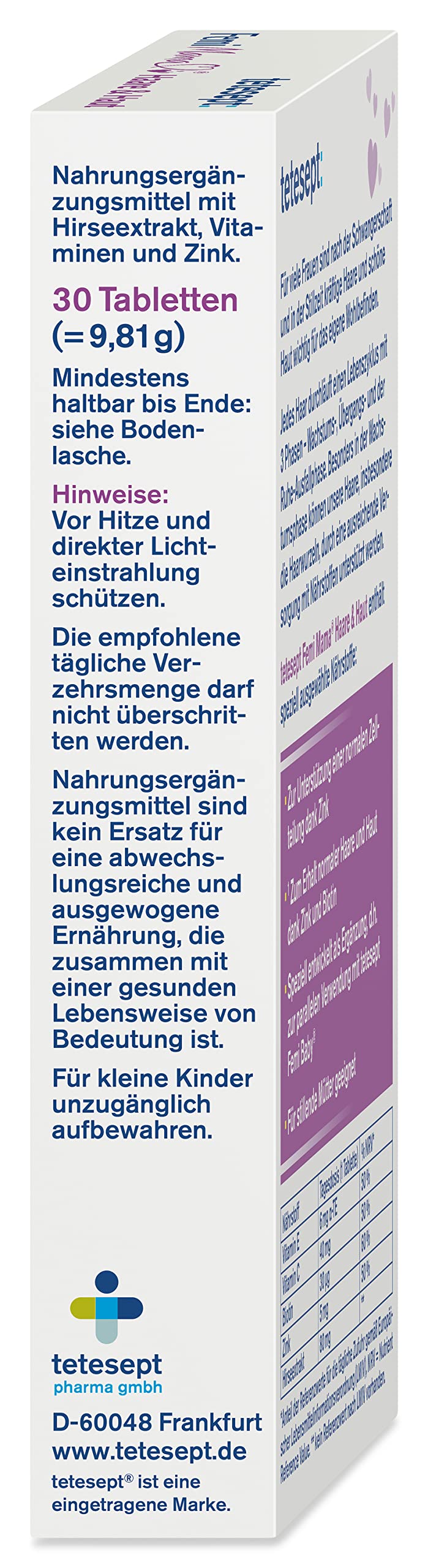 Tetesept Femi Mama Haar &amp; Haut – Ausgewählte Nährstoffe für kräftiges Haar und schöne Haut – Nahrungsergänzungsmittel, ideal nach der Schwangerschaft 