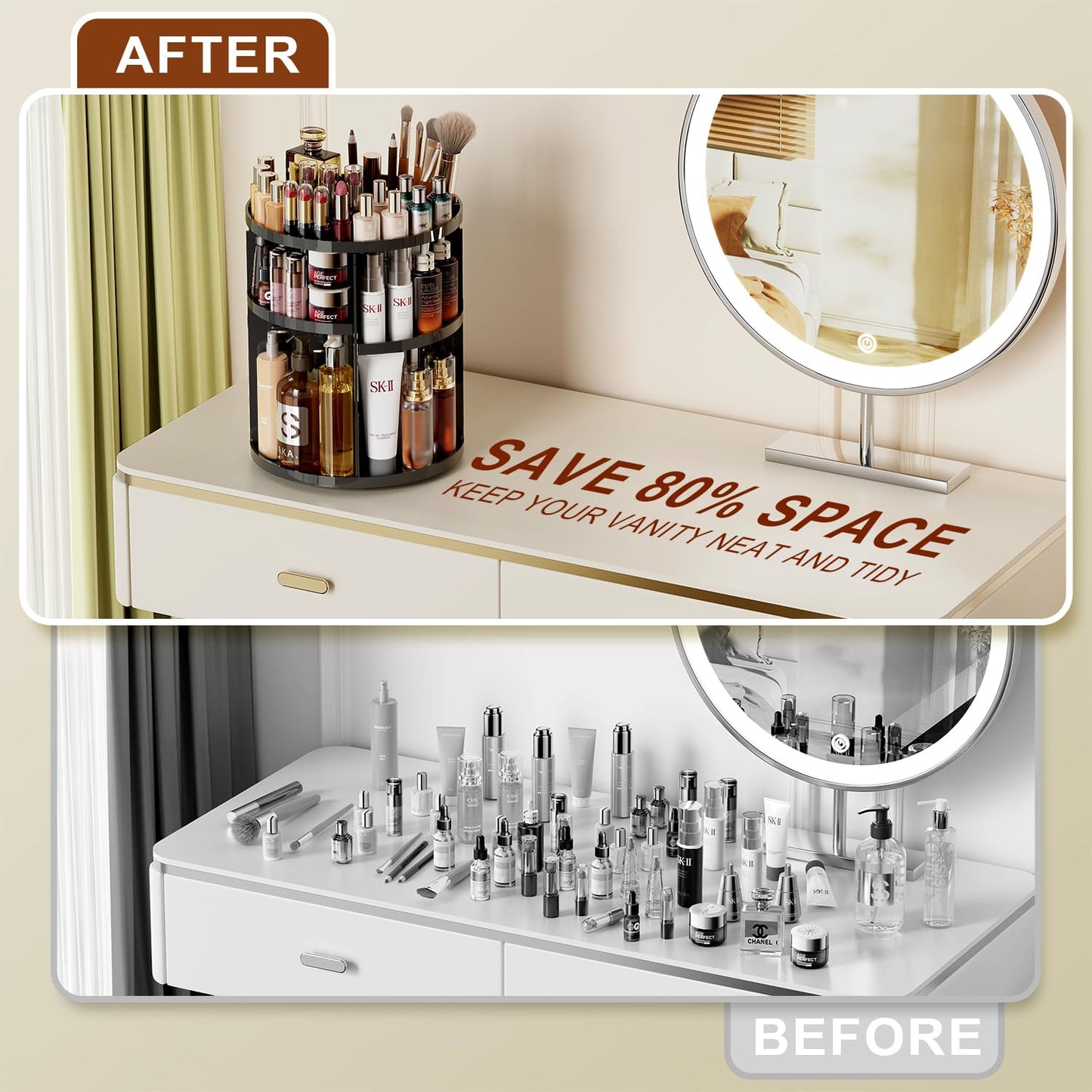 Auxmir Schminktisch Organizer mit 9 einstellbaren Stufen, Make Up Organizer 360° Drehbar, Extra Größer Kosmetik Hautpflege Organisieren 