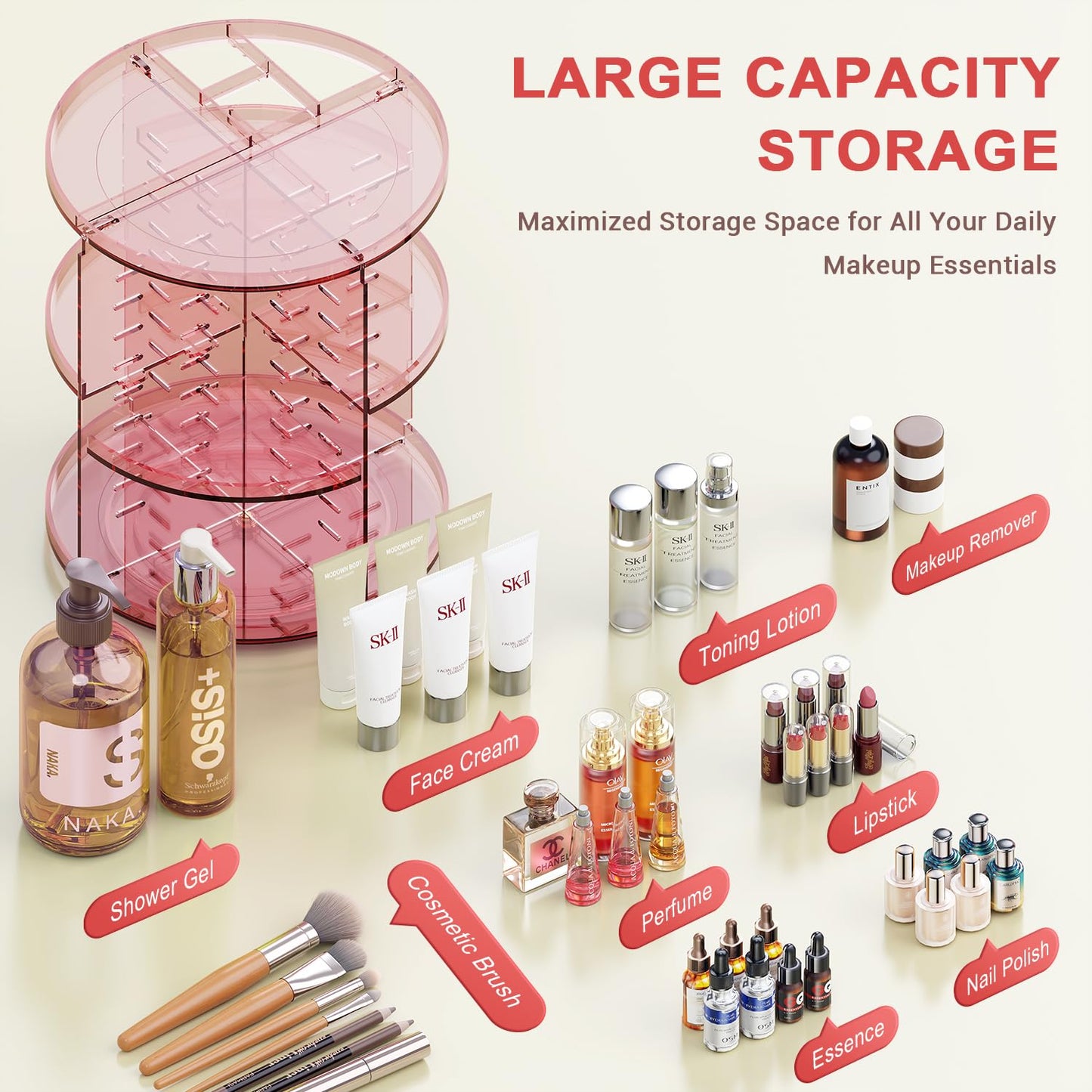 Auxmir Schminktisch Organizer mit 9 einstellbaren Stufen, Make Up Organizer 360° Drehbar, Extra Größer Kosmetik Hautpflege Organisieren 