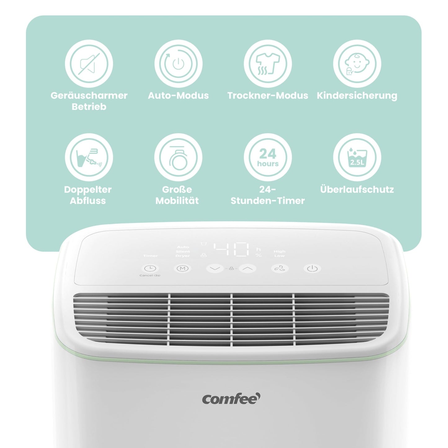 Luftentfeuchter, Entfeuchter 10 l/24 h, Raumgröße ca. 50 m³ (20 m²), LED-Anzeige 