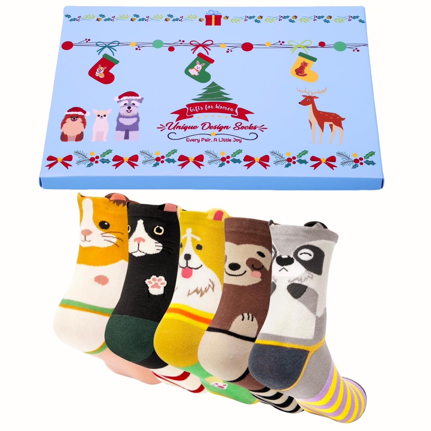 Chalier Cozy 5 Paar Damen Socken Hunde Katzen Motiven, Baumwolle