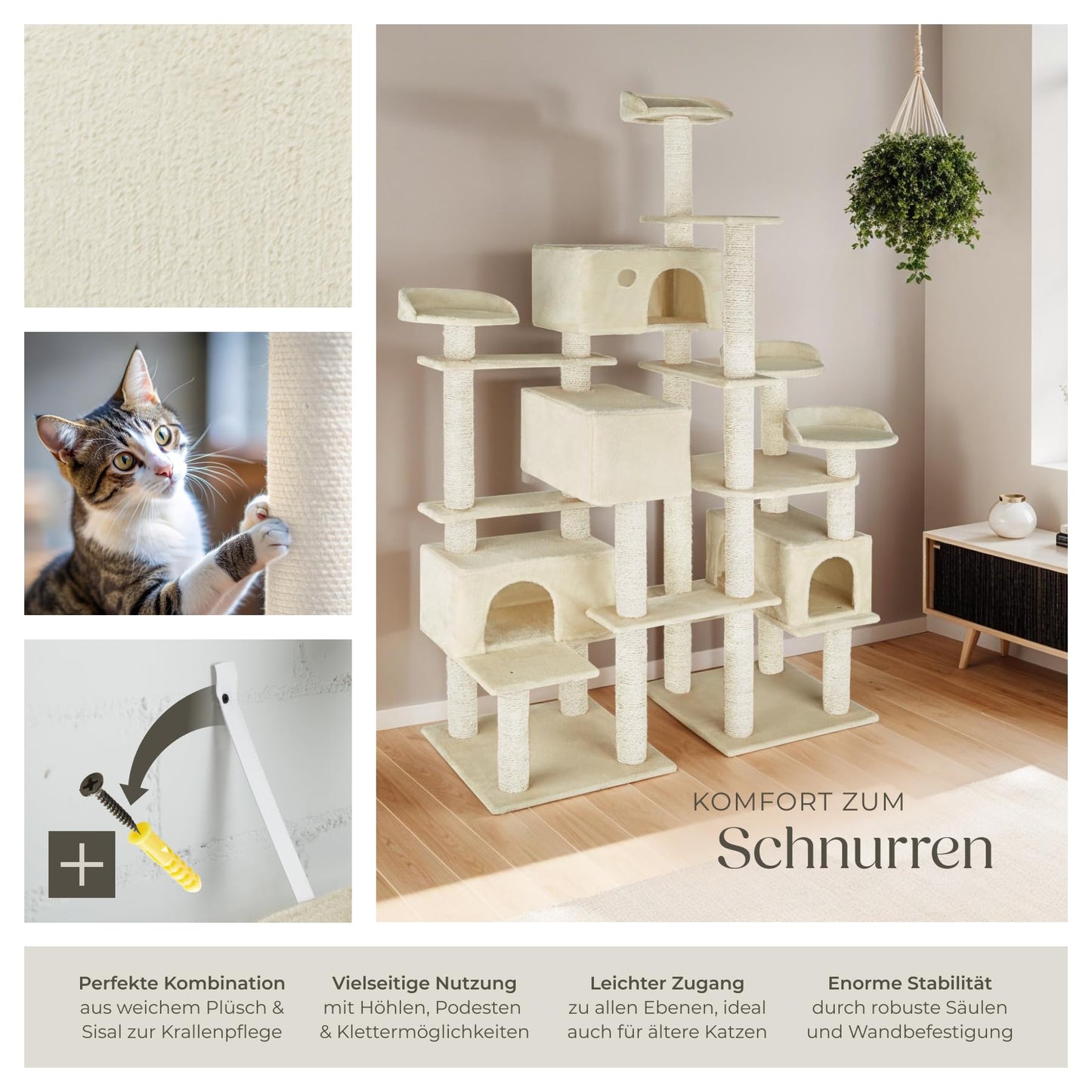 tectake® Katzen Kratzbaum mit Zubehör für Katze groß XXL, Spielturm mit Kratzsäule 