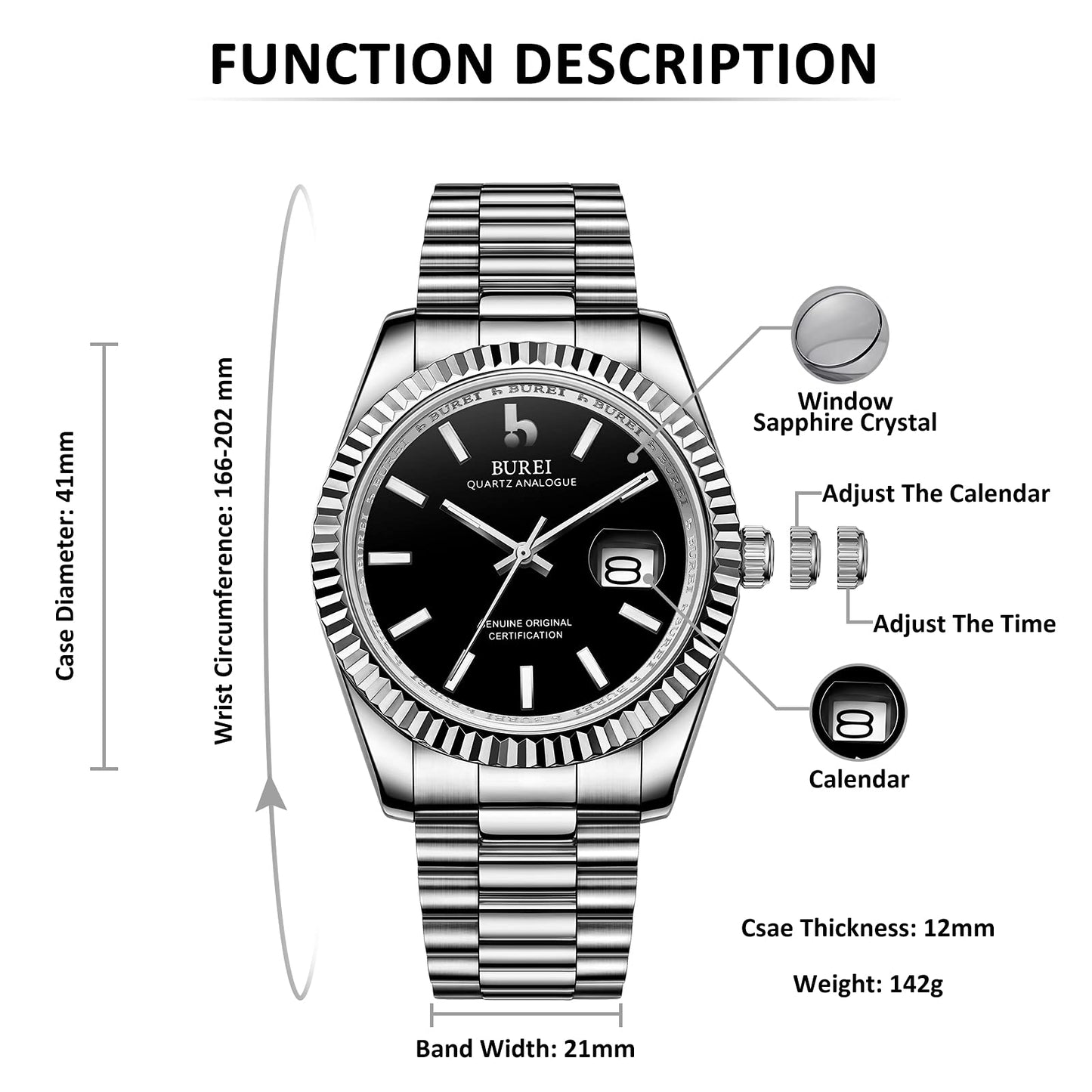 BUREI Herren Uhren Quarz Armbanduhr Datumsanzeige Saphirglas Objektiv mit Zwei Tönen Edelstahlband