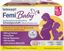 Tetesept Femi Baby – 16 Nährstoffe für Kinderwunsch, Schwangerschaft &amp; Stillzeit – mit Folsäure, Eisen, Jod + DHA – 1 x 3-Monats-Packung mit 90 Tabletten + 90 Kapseln 