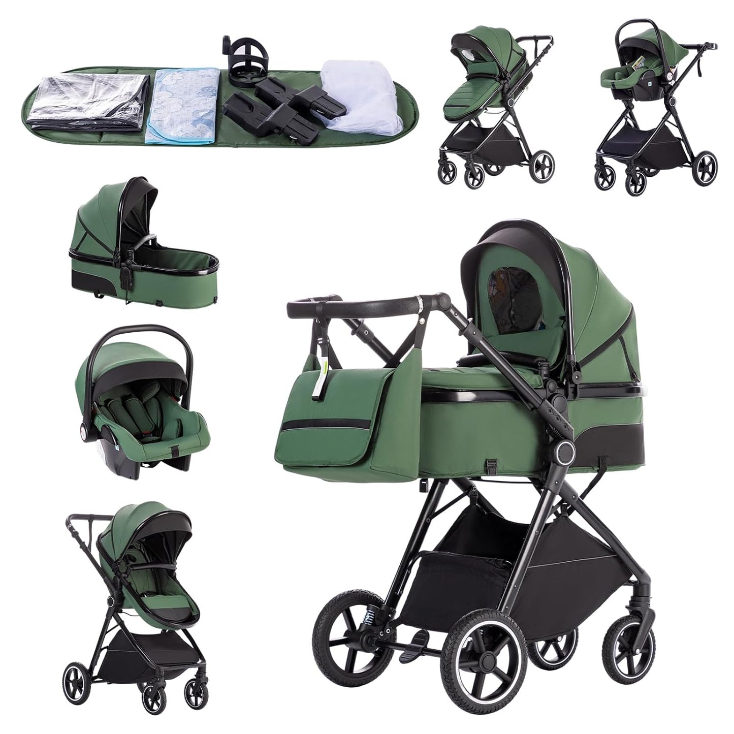 3-in-1 Kinderwagen-Set mit Sitz und faltbarem Babybett, verstellbare Liegeposition, bis 15 kg, 0-3 Jahre 
