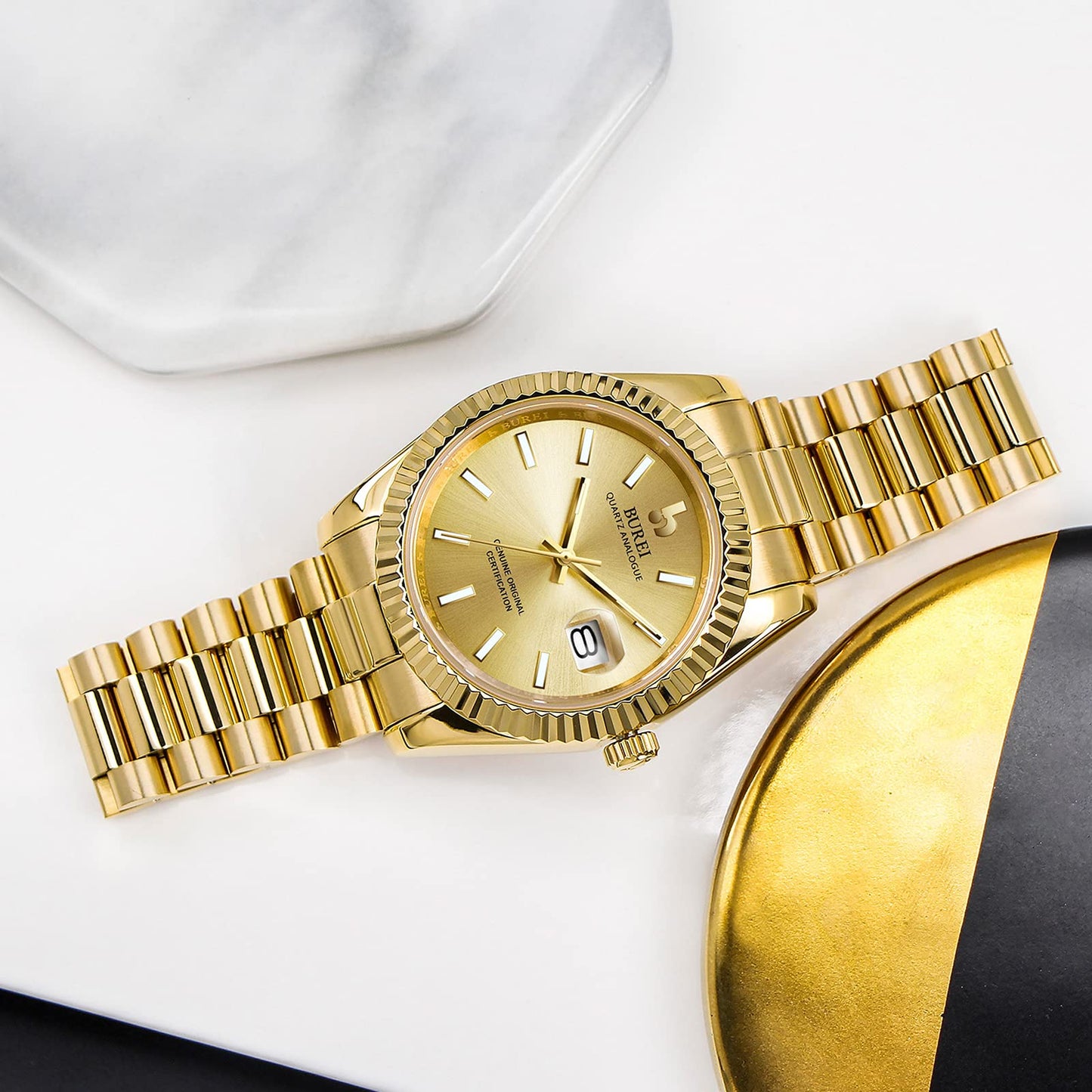 BUREI Herren Uhren Quarz Armbanduhr Datumsanzeige Saphirglas Objektiv mit Zwei Tönen Edelstahlband