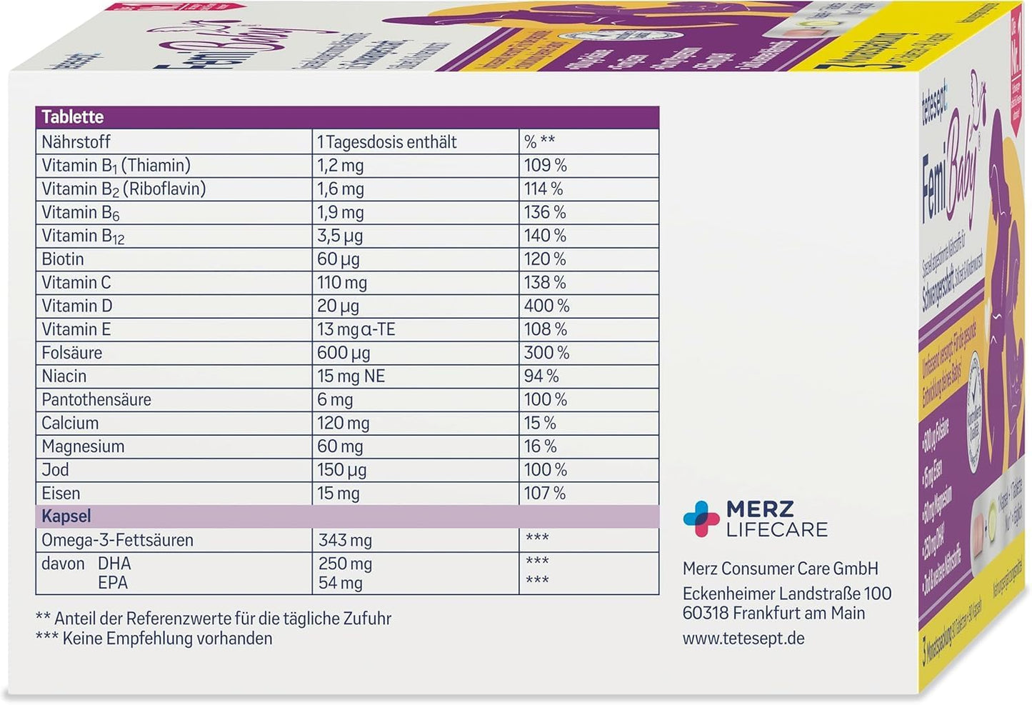 Tetesept Femi Baby – 16 Nährstoffe für Kinderwunsch, Schwangerschaft &amp; Stillzeit – mit Folsäure, Eisen, Jod + DHA – 1 x 3-Monats-Packung mit 90 Tabletten + 90 Kapseln 