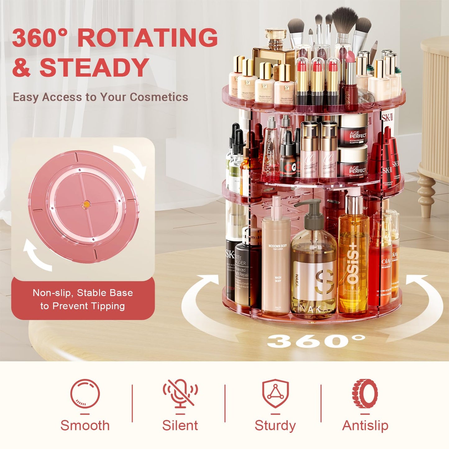 Auxmir Schminktisch Organizer mit 9 einstellbaren Stufen, Make Up Organizer 360° Drehbar, Extra Größer Kosmetik Hautpflege Organisieren 