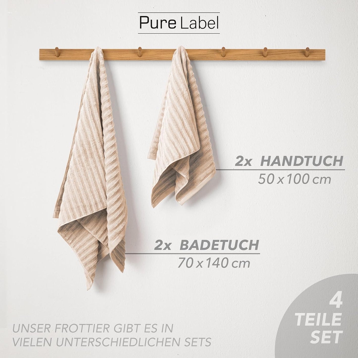 Pure Label 6-teiliges Handtuchset mit Aufhängeschlaufen aus 100 % Baumwolle, saugfähig und weich, 2 x Badetücher (70 x 140 cm), 2 x Handtücher (50 x 100 cm), 2 x Gästetücher (30 x 50 cm), 