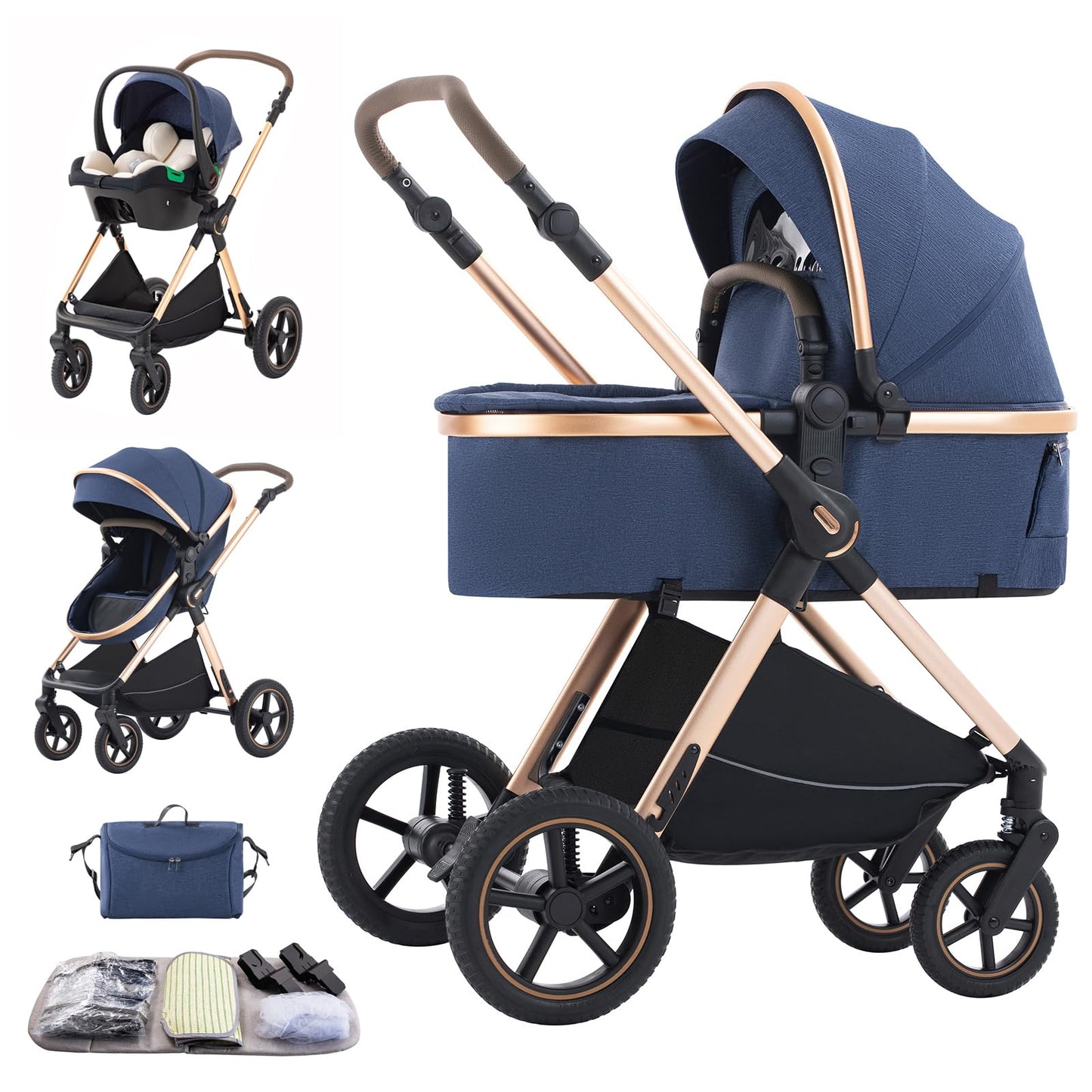 Shineey 3-in-1 Kinderwagen, Buggy, faltbarer Kinderwagen-Satz, Kombi-Kinderwagen 3-in-1 mit großer, komfortabler Babywanne, Gestell aus Aluminiumlegierung 