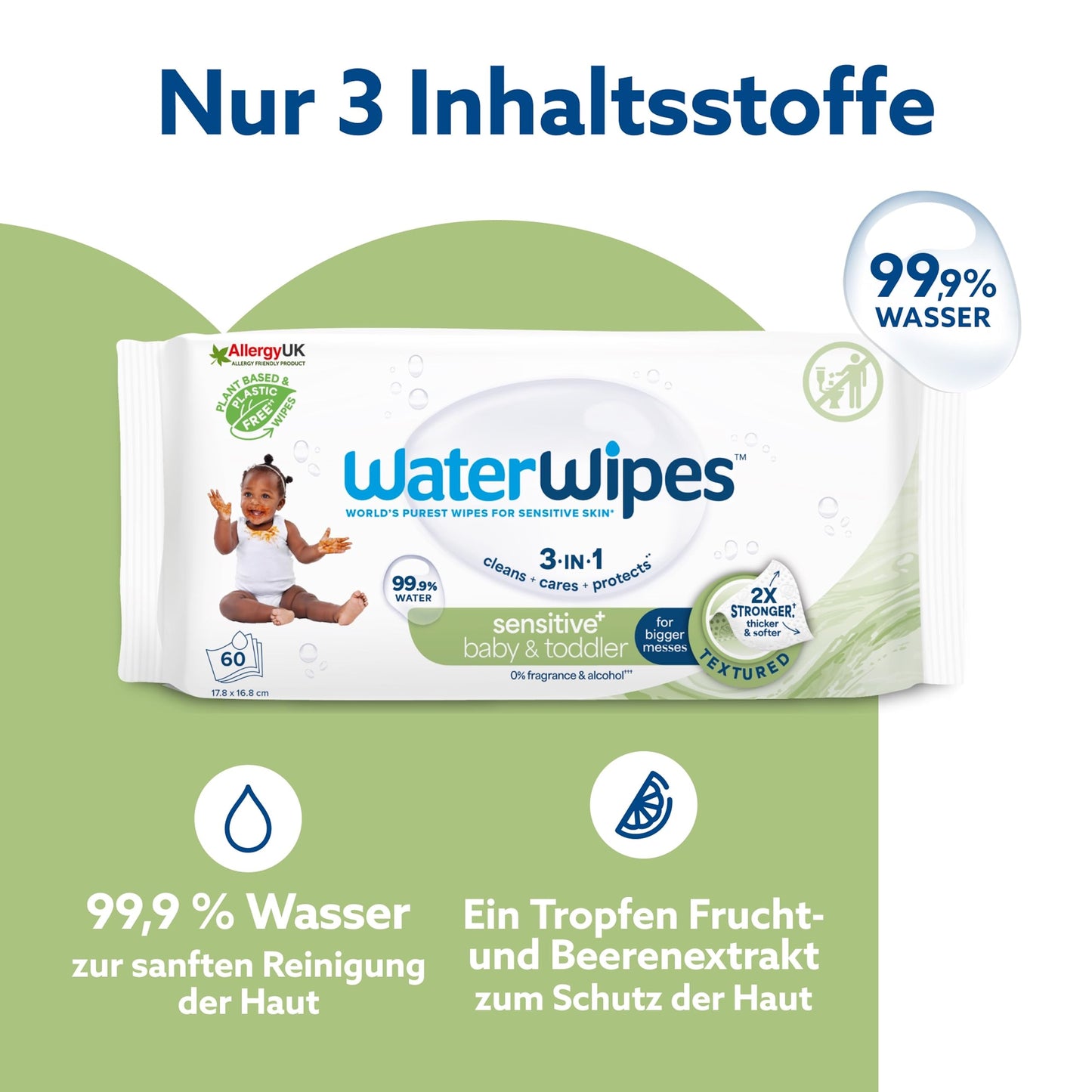 WaterWipes Sensitive+ Baby & Toddler Wipes, 3-in-1 Cleansing, Care, Protection, 99.9% Water, Fragrance-Free