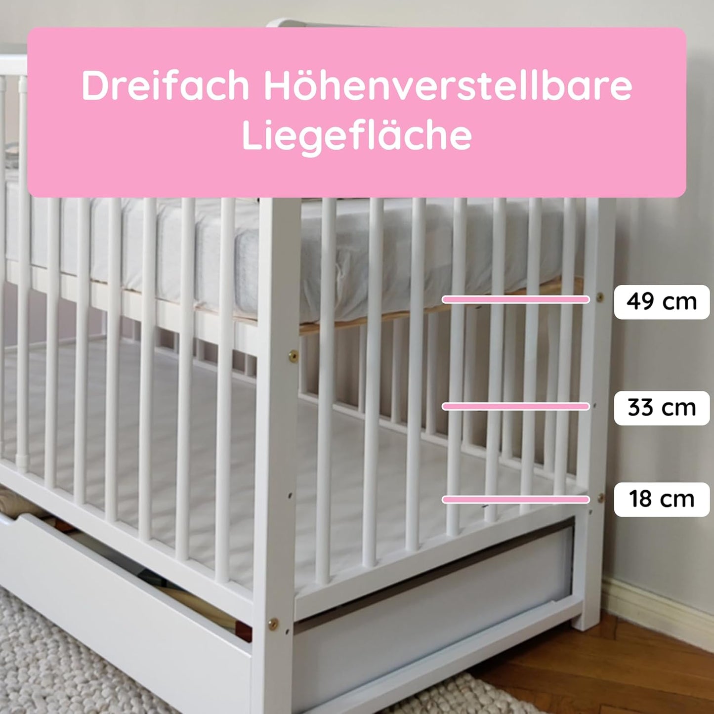 Babybett Kinderbett 60x120 cm Gitterbett Babybett Komplett-Set, Lattenrost höhenverstellbar 