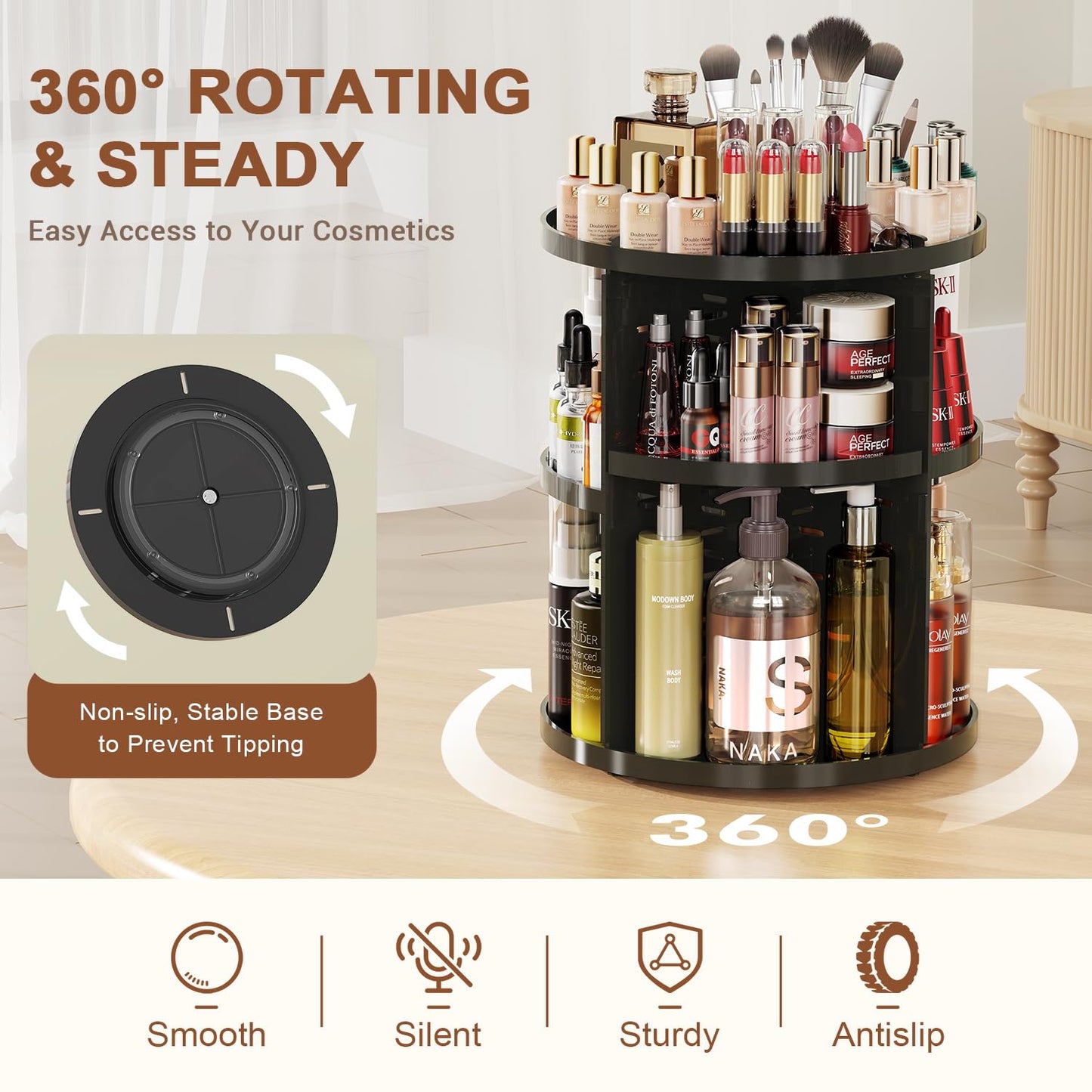 Auxmir Schminktisch Organizer mit 9 einstellbaren Stufen, Make Up Organizer 360° Drehbar, Extra Größer Kosmetik Hautpflege Organisieren 