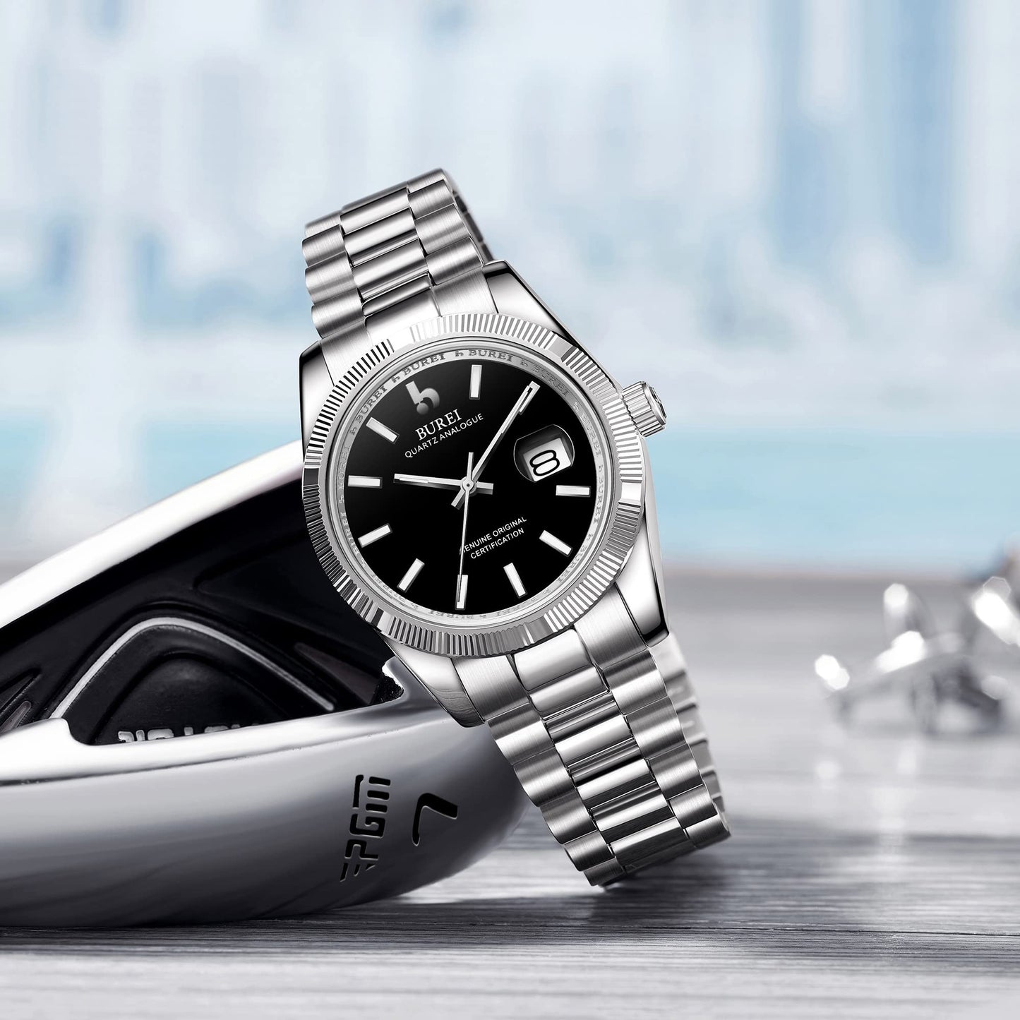 BUREI Herren Uhren Quarz Armbanduhr Datumsanzeige Saphirglas Objektiv mit Zwei Tönen Edelstahlband