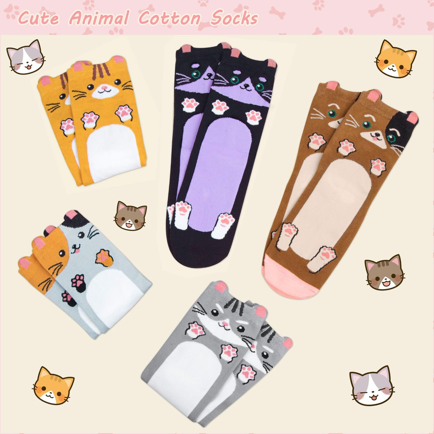 Chalier Cozy 5 Paar Damen Socken Hunde Katzen Motiven, Baumwolle