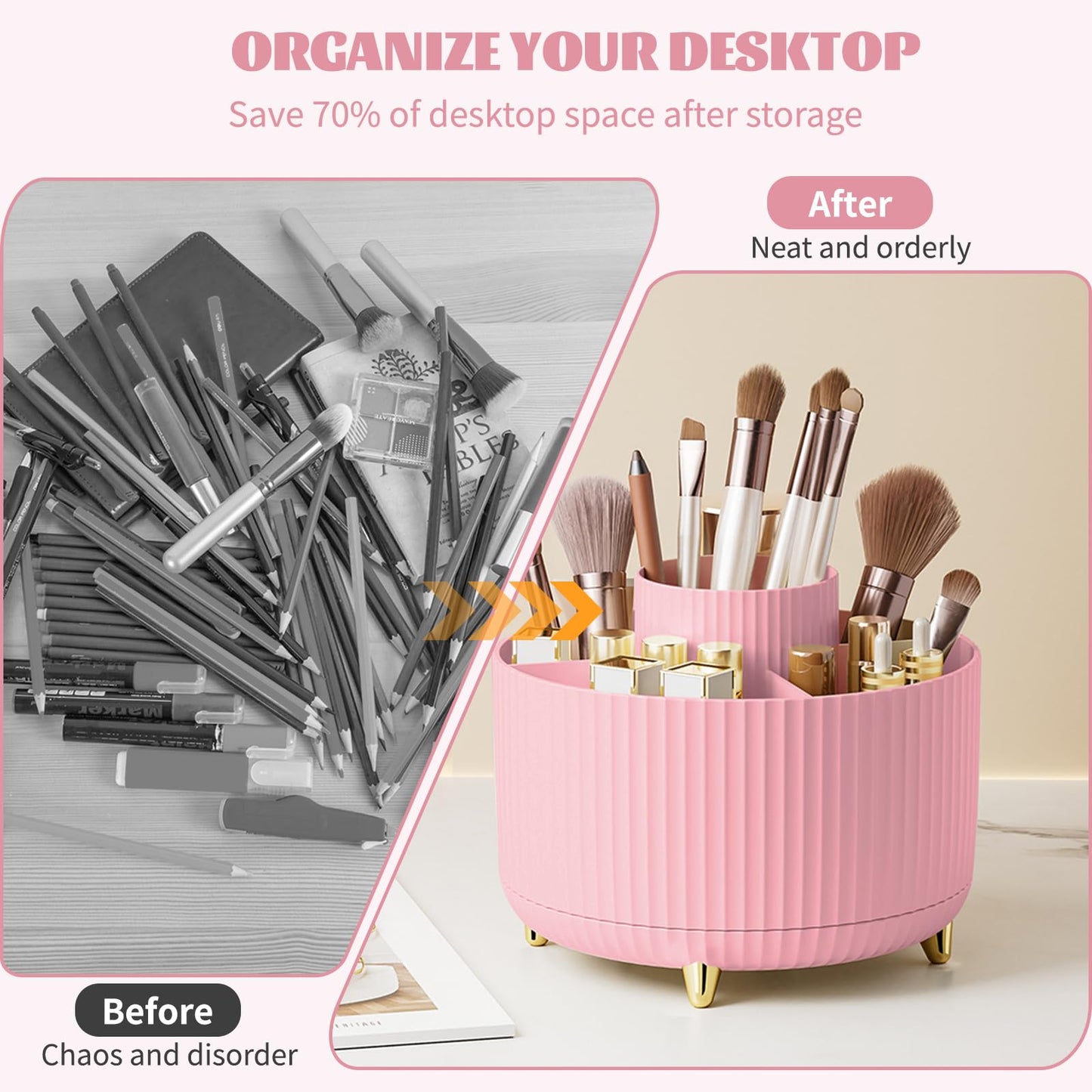 Make up Organizer 360° Drehbar, Pinselhalter Kosmetik Aufbewahrung mit 5 Fächern, Aesthetic Schminktisch Organizers für Zimmer Decor Frisiertisch 