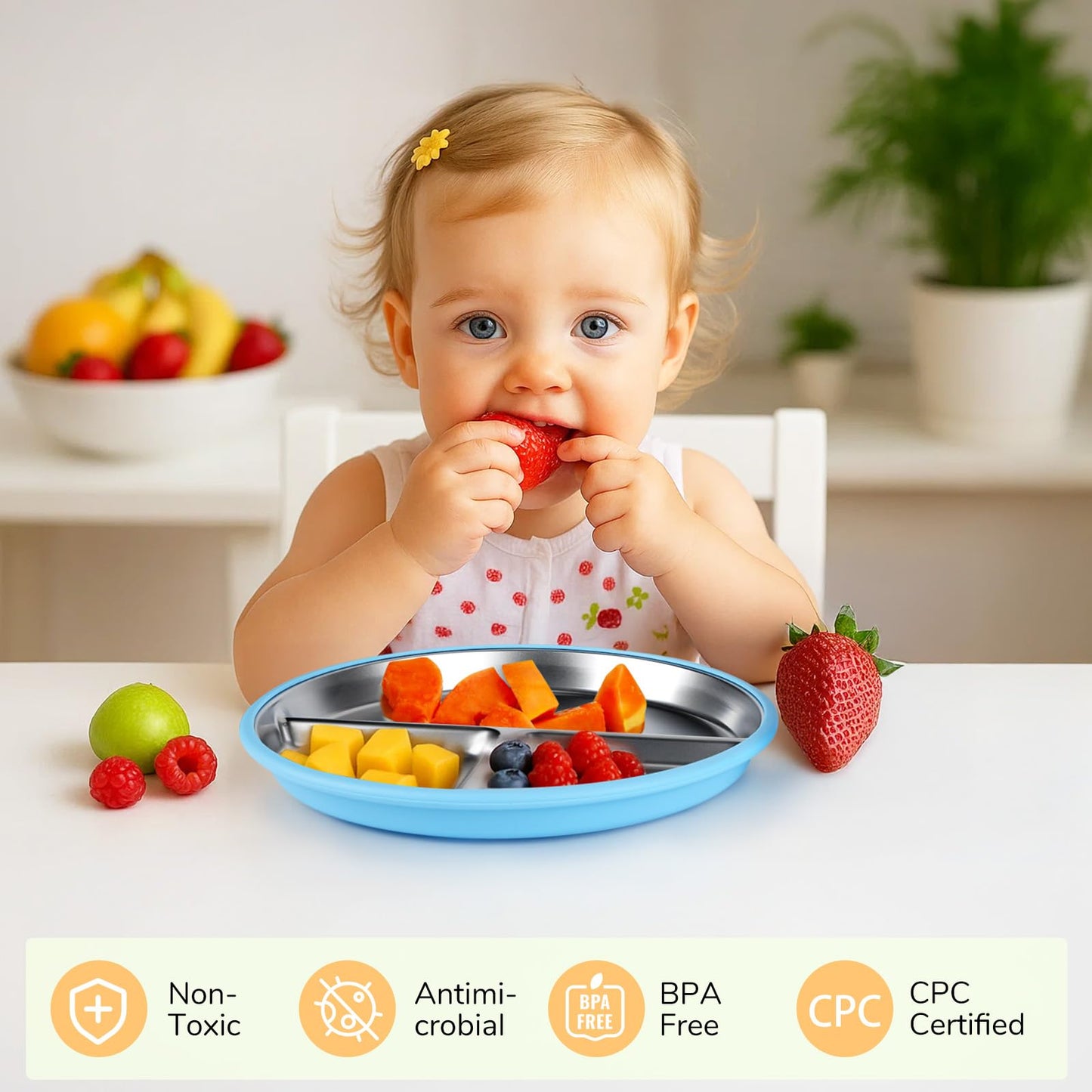 Geschirrset, 6-teilig: Edelstahl-Babyteller mit Saugnapf, 2 Breischalen, 1 Babyschale und 2 Löffelgabeln 