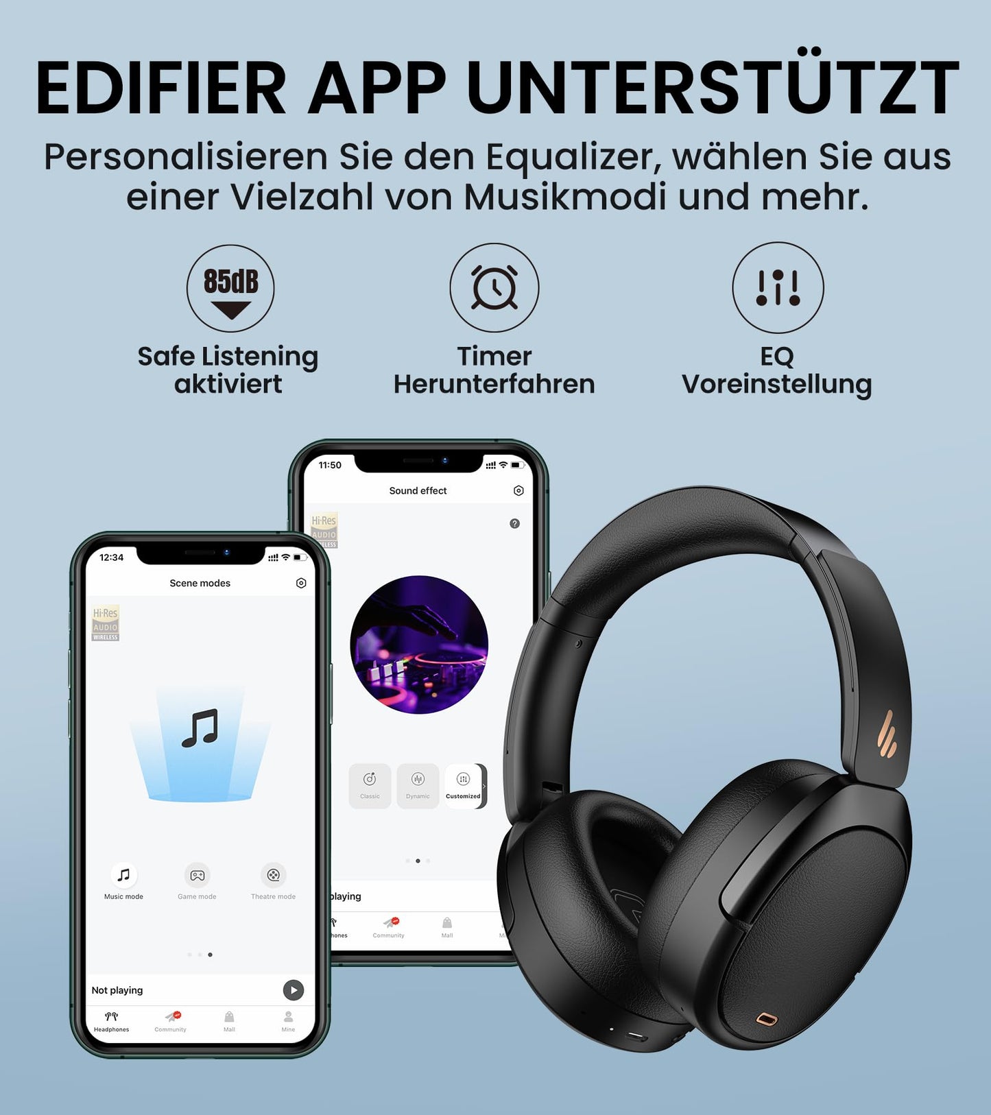 Hybrid-Kopfhörer mit aktiver Geräuschunterdrückung, Hi-Res Audio und Custom EQ Bluetooth 