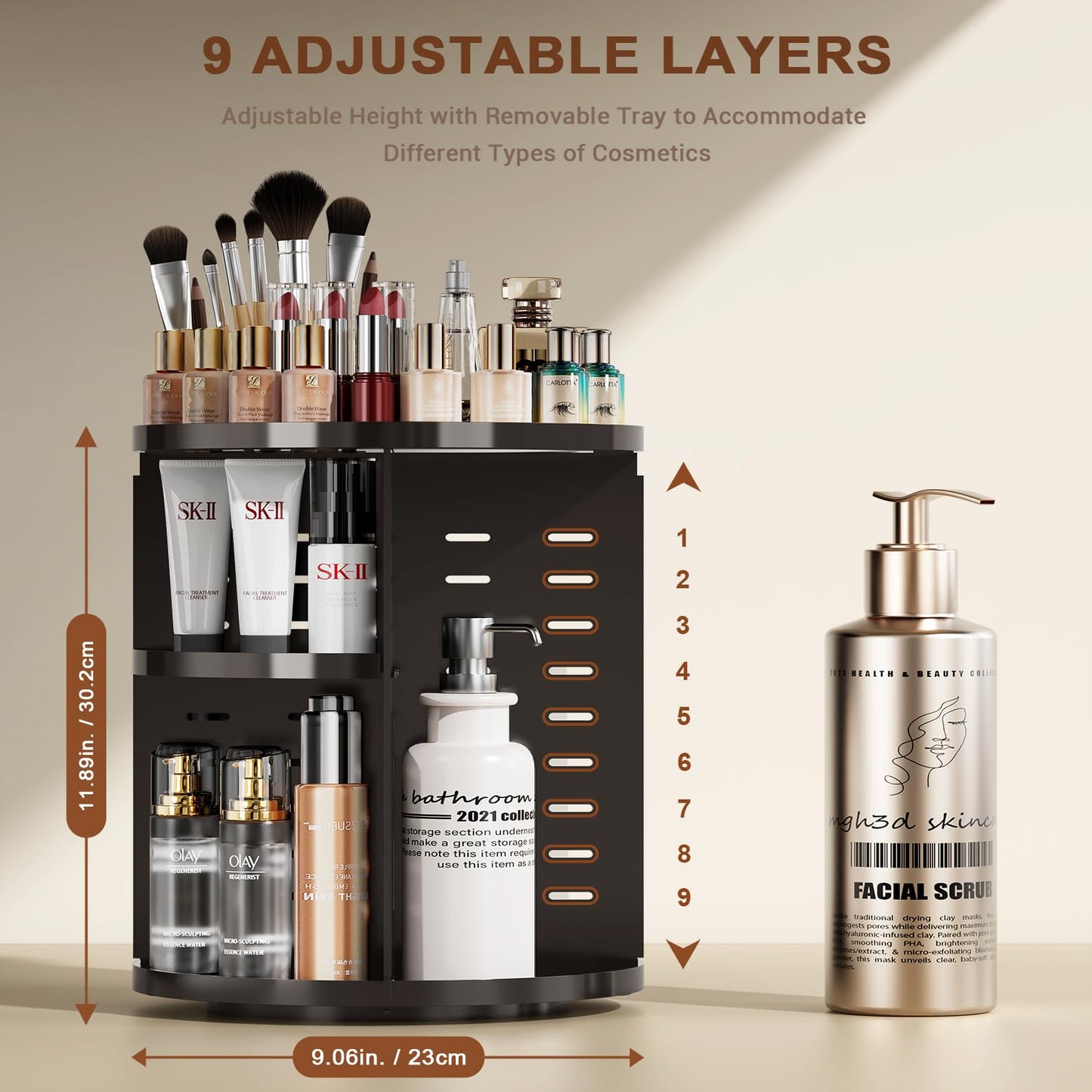 Auxmir Schminktisch Organizer mit 9 einstellbaren Stufen, Make Up Organizer 360° Drehbar, Extra Größer Kosmetik Hautpflege Organisieren 