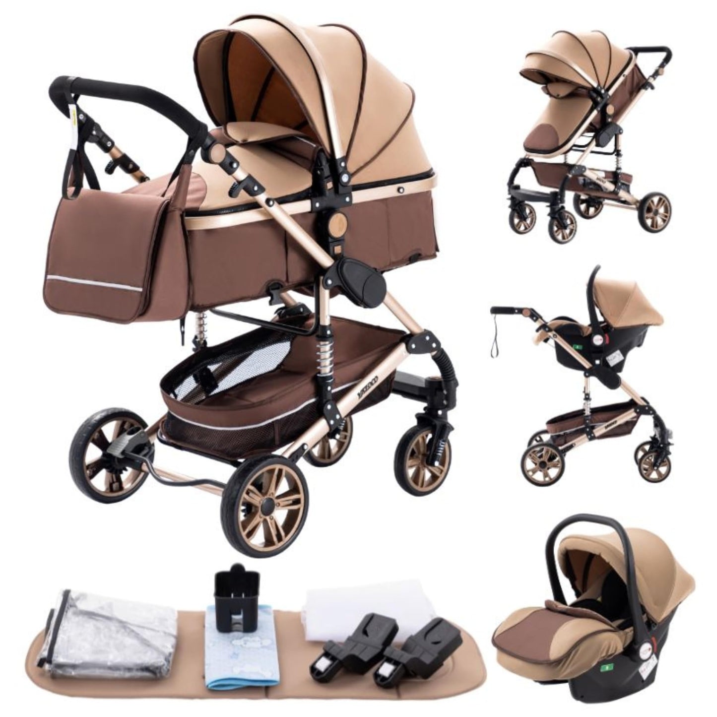 YAZOCO kinderwagen 3 in 1 Buggy Babybett Komplett Set Einem Klick Zusammenklappbarer Kinderwagen, KombiKinderwagen Aluminiumrahmen für Neugeborene 