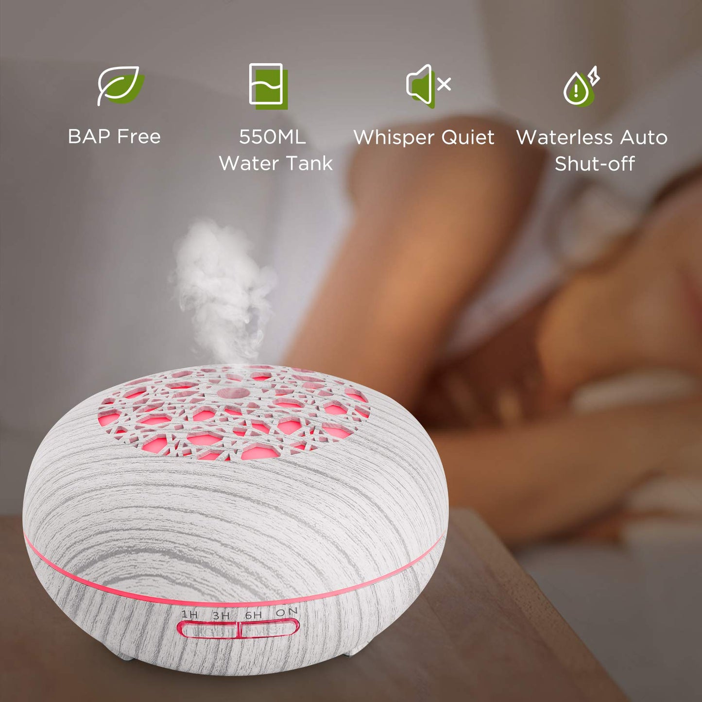 Aroma Diffuser Luftbefeuchter 550ml mit Fernbedienung, Ultraschall Vernebler Duftlampe Öl Diffusor mit 7 Farben LED 