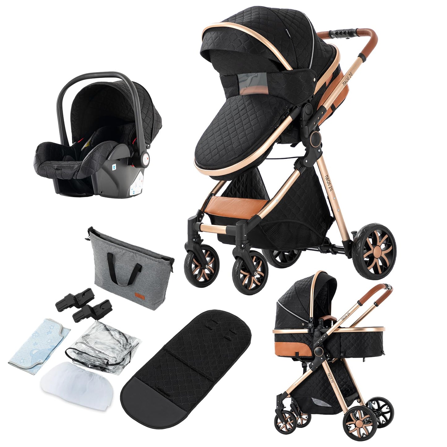 Reenborn 3-in-1 Kinderwagen, Buggy mit zwei umkehrbaren Schiebemodi, Kinderwagen mit Gestell aus Aluminiumlegierung, Babywagen, 3-in-1 Komplettset mit Ein-Klick-Faltmechanismus 