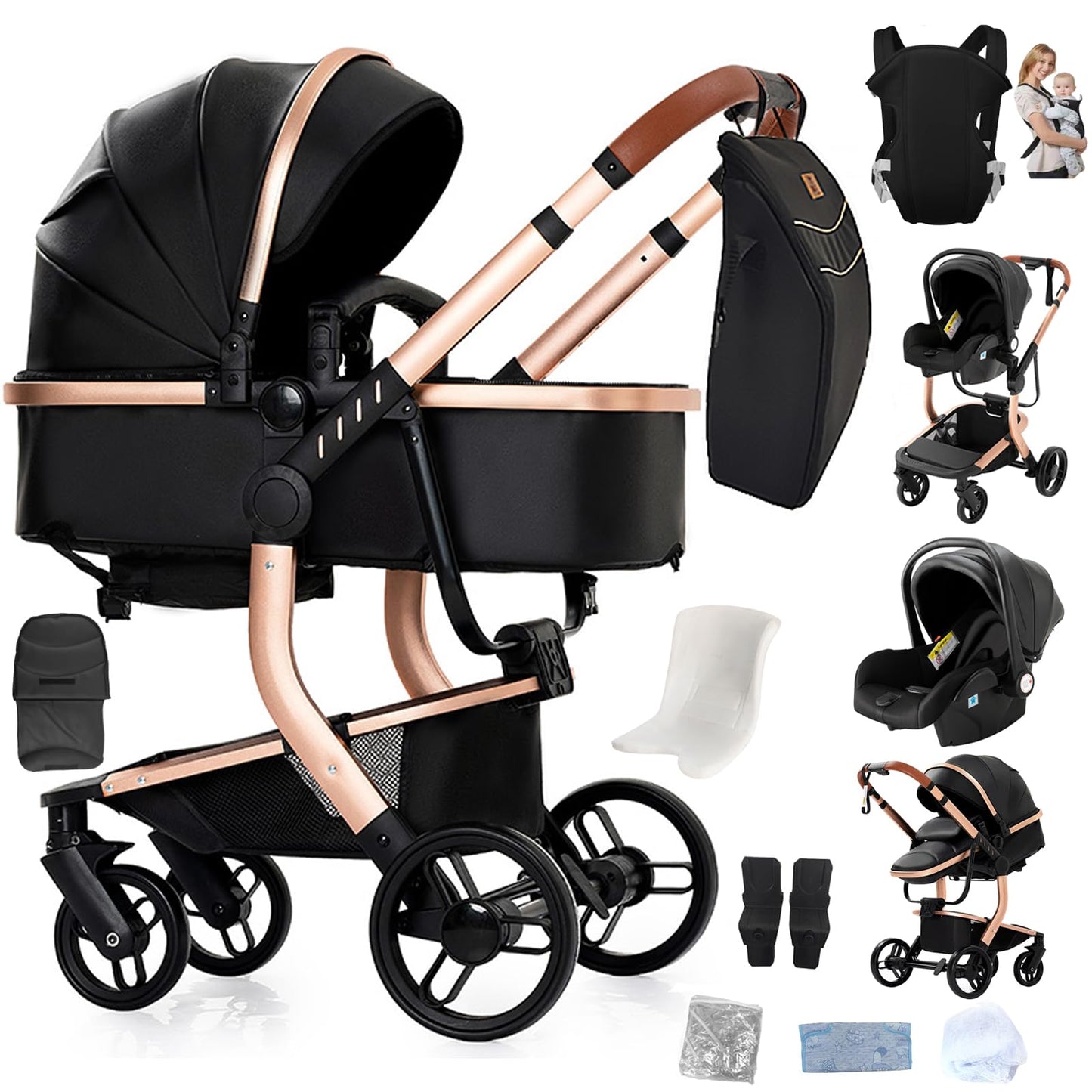 Reenborn 3-in-1 Kinderwagen, Buggy mit zwei umkehrbaren Schiebemodi, Kinderwagen mit Gestell aus Aluminiumlegierung, Babywagen, 3-in-1 Komplettset mit Ein-Klick-Faltmechanismus 