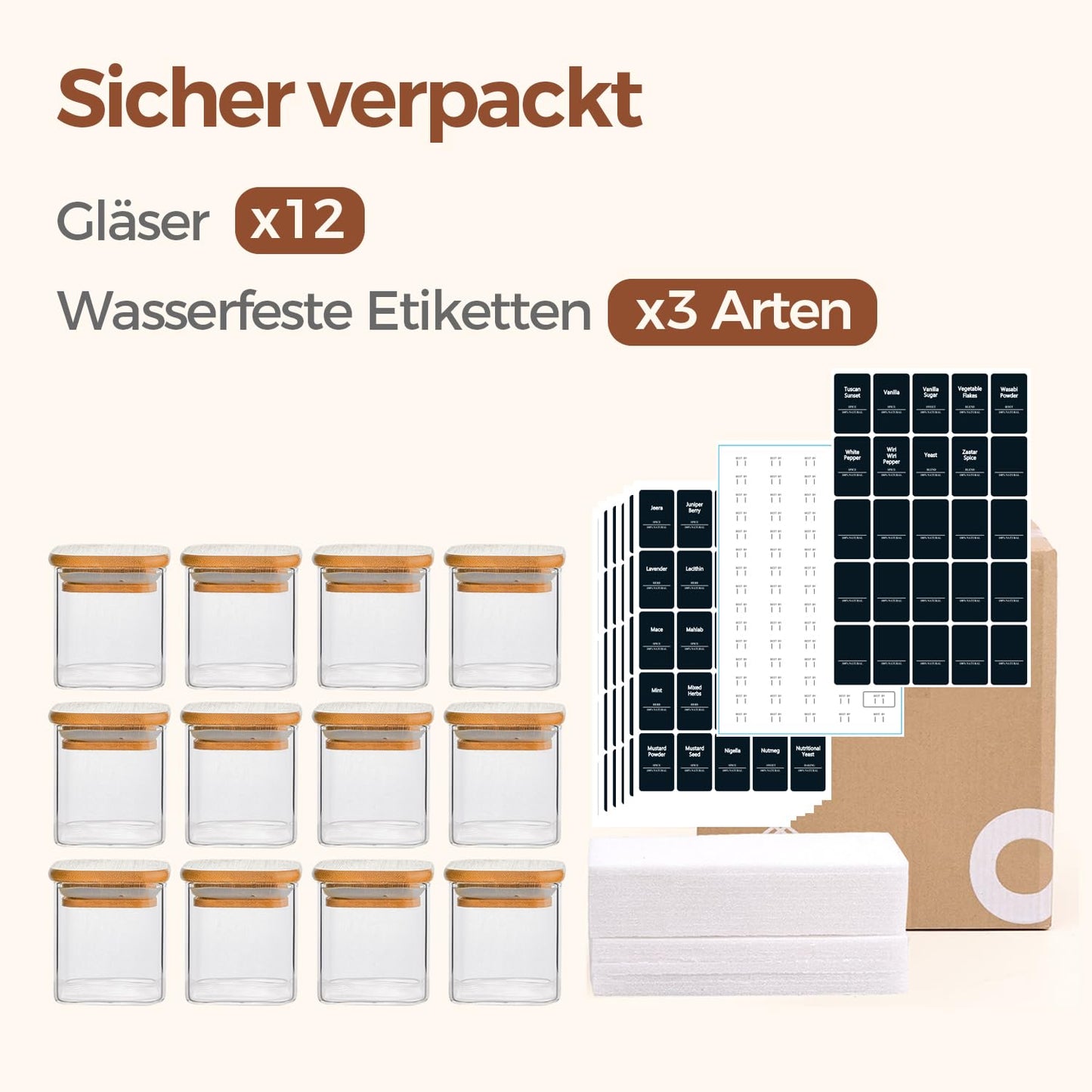 ComSaf Pot a Epices mit Etiketten, Pot Epices Verre Carrés mit Couvercle en Bois 