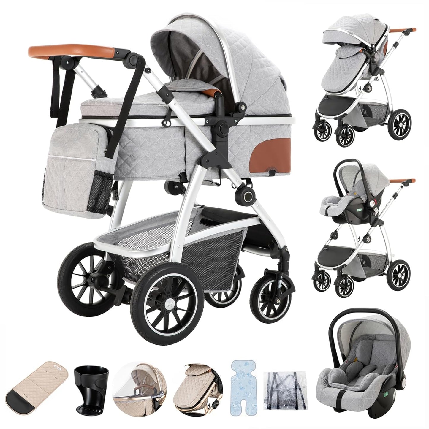3-in-1 Kinderwagen-Set mit Sitz und faltbarem Babybett, verstellbare Liegeposition, bis 15 kg, 0-3 Jahre 
