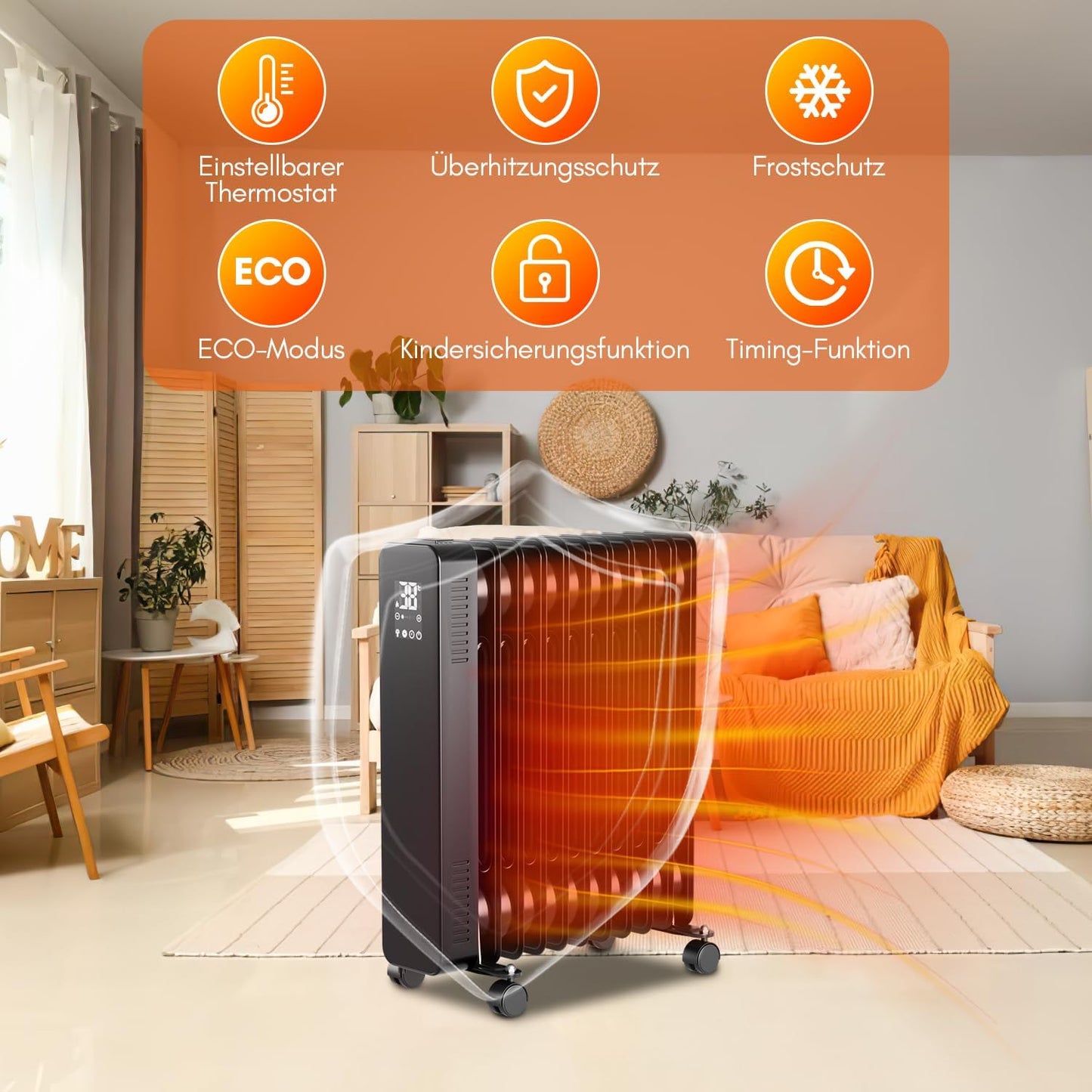 Fiqops Ölradiator 2500 W, energiesparend mit 11 Heizrippen, 3 Heizstufen, Thermostat, WLAN-App und Fernbedienung, Digitalanzeige