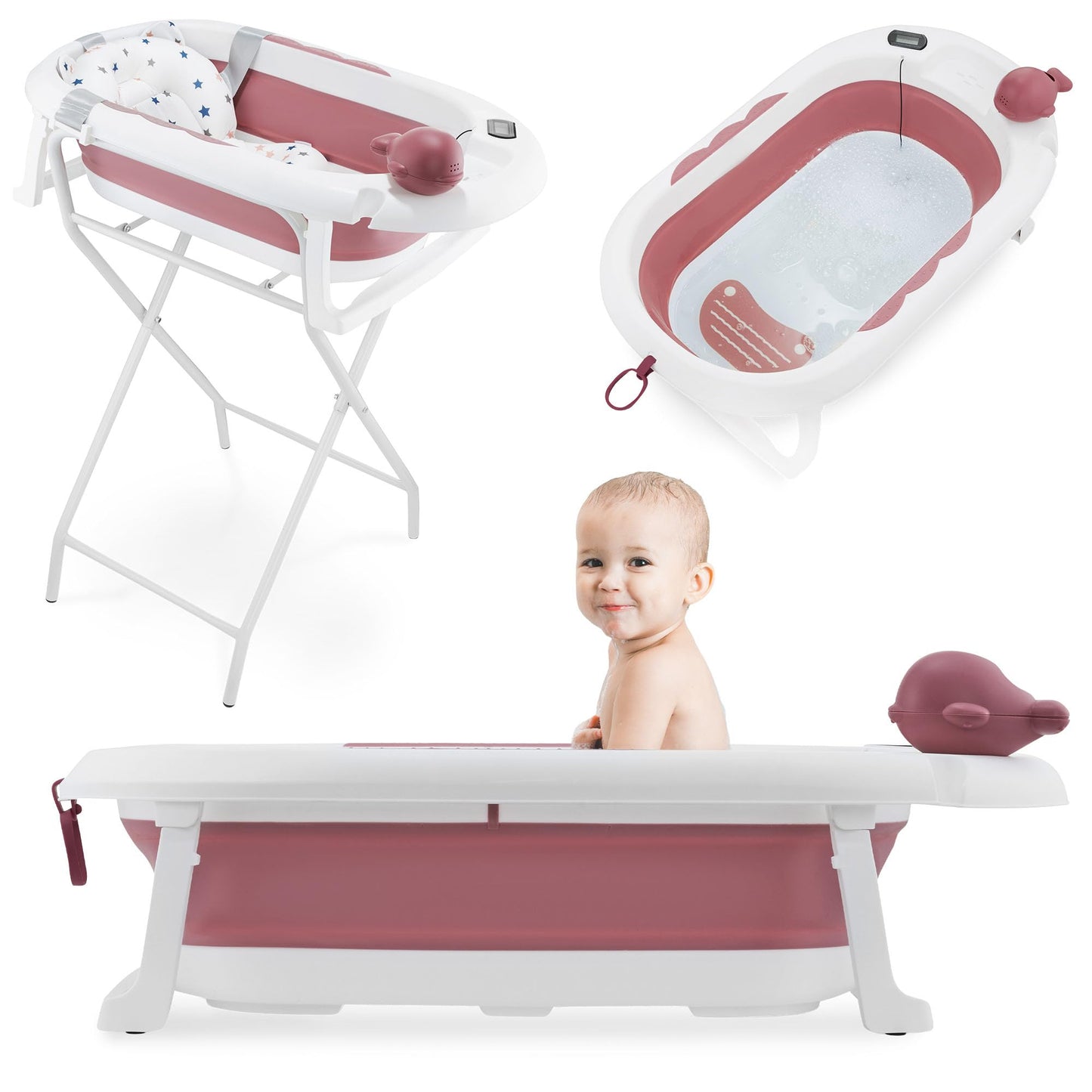 Faltbare Babybadewanne von Moby-System mit Einsatz, LCD-Thermometer und Rahmen – sicherer Halt ab Geburt, ergonomisch 