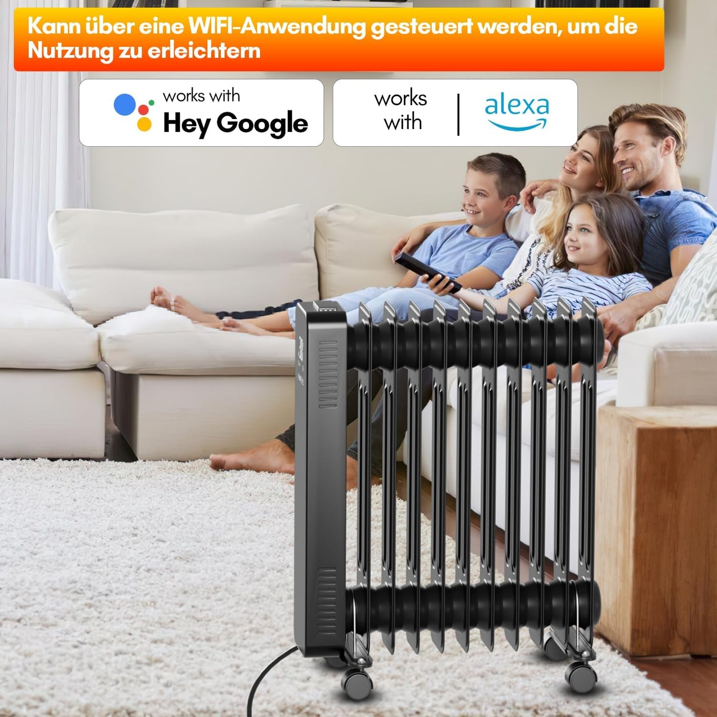Fiqops Ölradiator 2500 W, energiesparend mit 11 Heizrippen, 3 Heizstufen, Thermostat, WLAN-App und Fernbedienung, Digitalanzeige