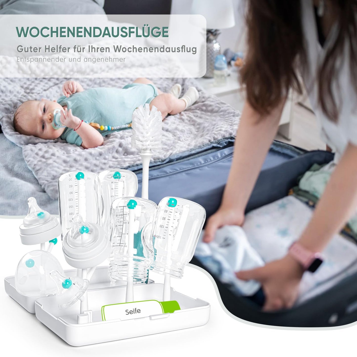 Trockenständer Babyflaschen, Abtropfgestell für Babyflaschen, Flaschen, grauSaudern 
