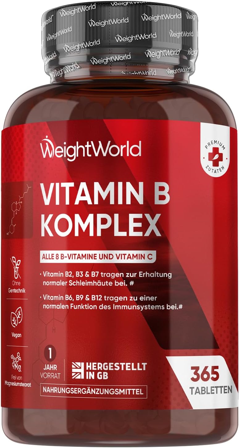 Vitamin-B-Komplex – mit Vitamin C – 365 Tabletten – Alle 8 B-Vitamine (B1, B2, B3, B5, B6, B7, B9, B12) – Jahresvorrat – Nervensystem, Stoffwechsel, geistige Funktion – Niacin, Biotin, Folsäure 