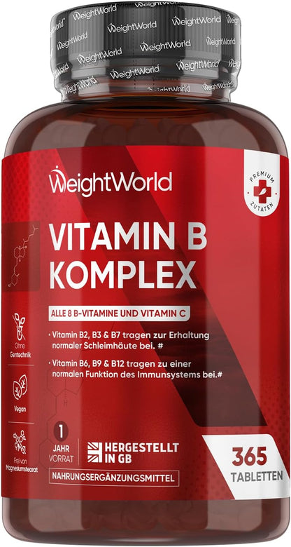 Vitamin-B-Komplex – mit Vitamin C – 365 Tabletten – Alle 8 B-Vitamine (B1, B2, B3, B5, B6, B7, B9, B12) – Jahresvorrat – Nervensystem, Stoffwechsel, geistige Funktion – Niacin, Biotin, Folsäure 