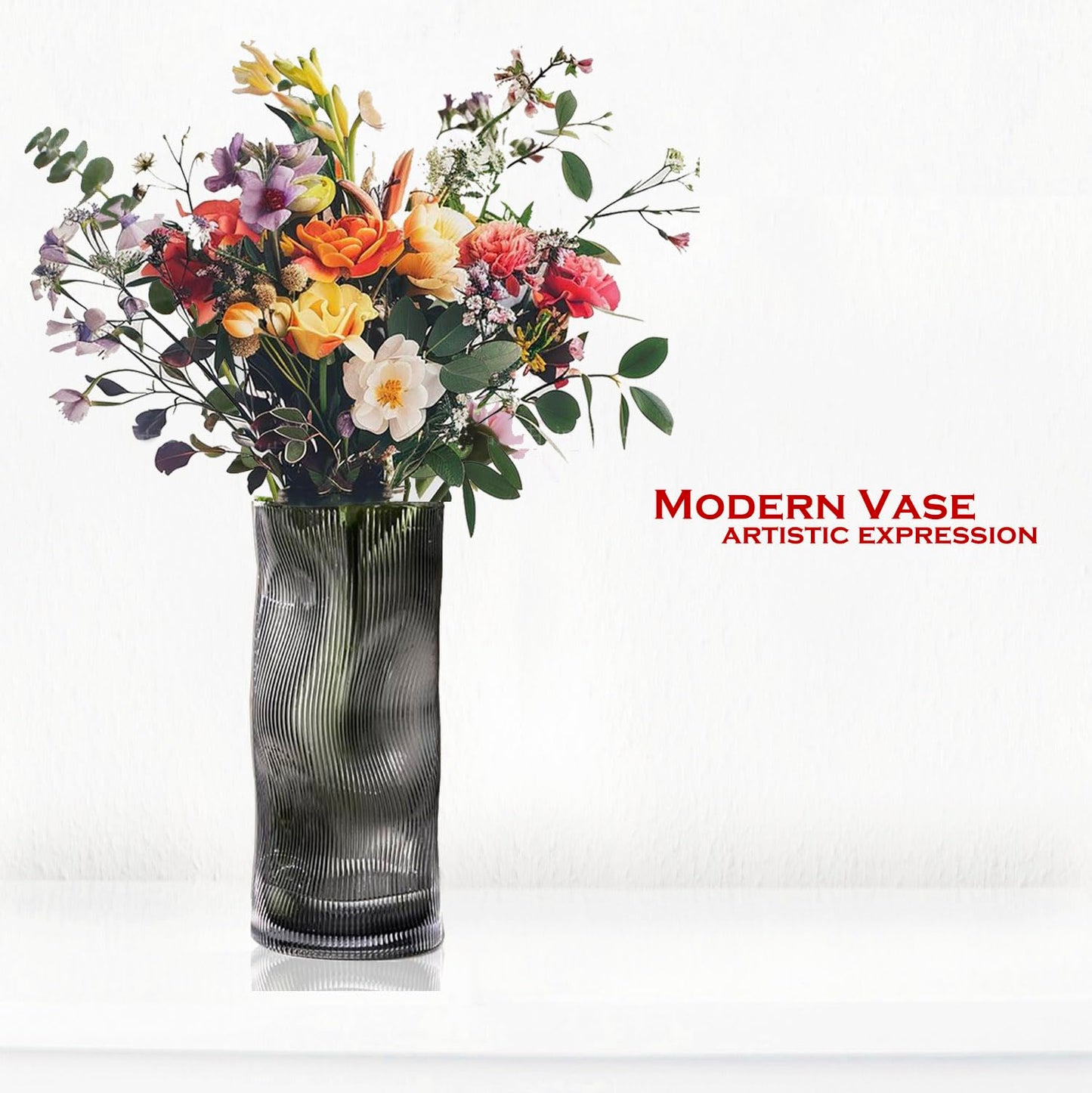 Blumenvase, große hohe Glasvase zur Dekoration, ästhetisch, große Glasvase mit gerippter Textur, modernes Wohnzimmer 