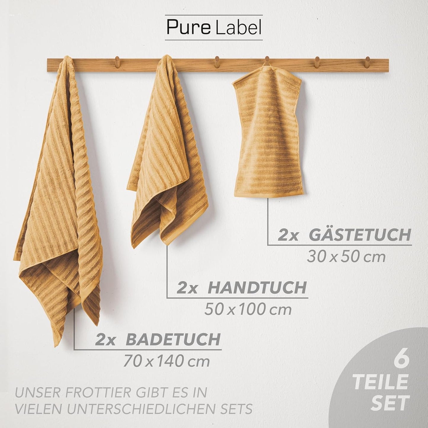 Pure Label 6-teiliges Handtuchset mit Aufhängeschlaufen aus 100 % Baumwolle, saugfähig und weich, 2 x Badetücher (70 x 140 cm), 2 x Handtücher (50 x 100 cm), 2 x Gästetücher (30 x 50 cm), 