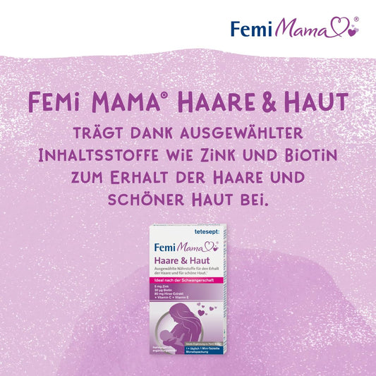 Tetesept Femi Mama Haar &amp; Haut – Ausgewählte Nährstoffe für kräftiges Haar und schöne Haut – Nahrungsergänzungsmittel, ideal nach der Schwangerschaft 