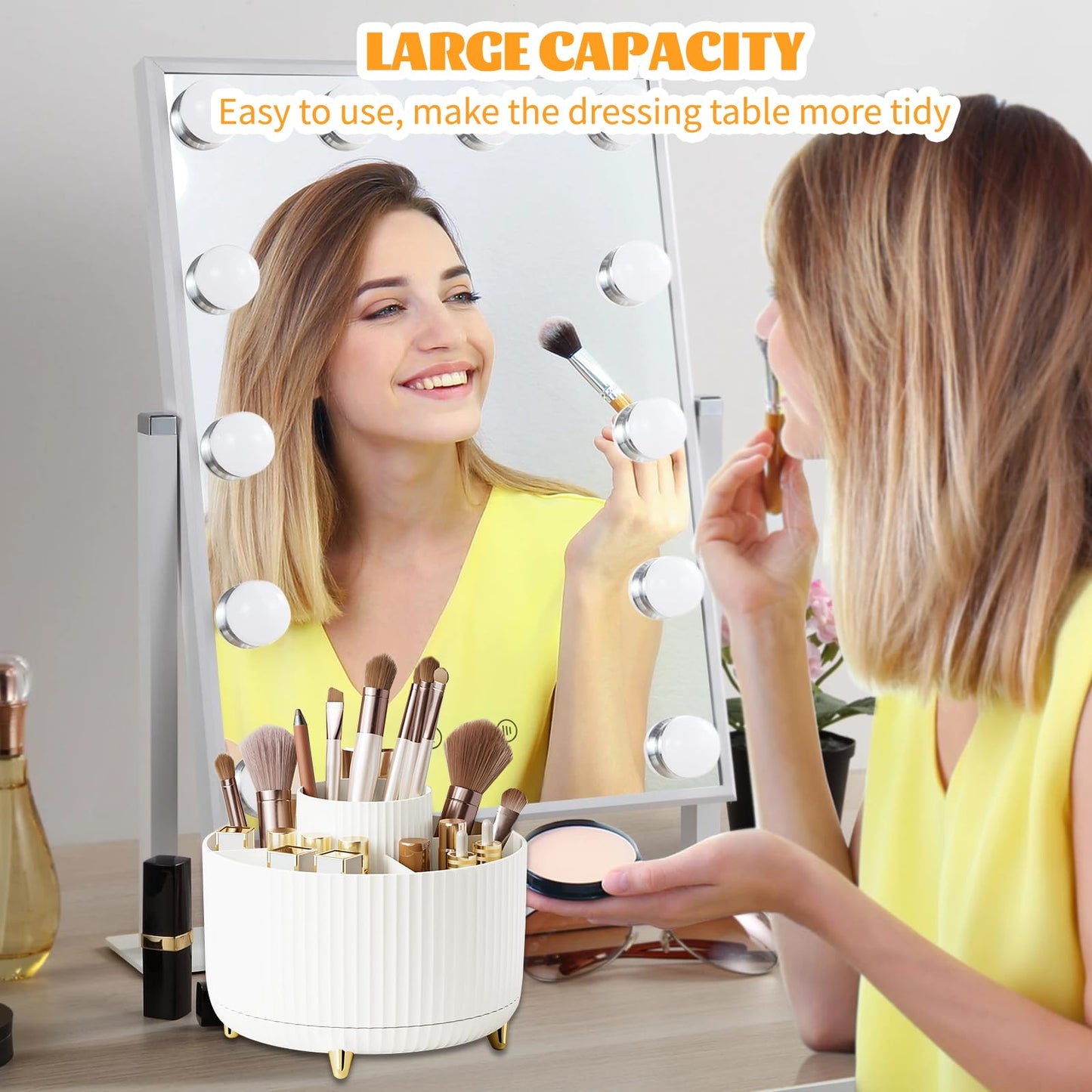 Make up Organizer 360° Drehbar, Pinselhalter Kosmetik Aufbewahrung mit 5 Fächern, Aesthetic Schminktisch Organizers für Zimmer Decor Frisiertisch 