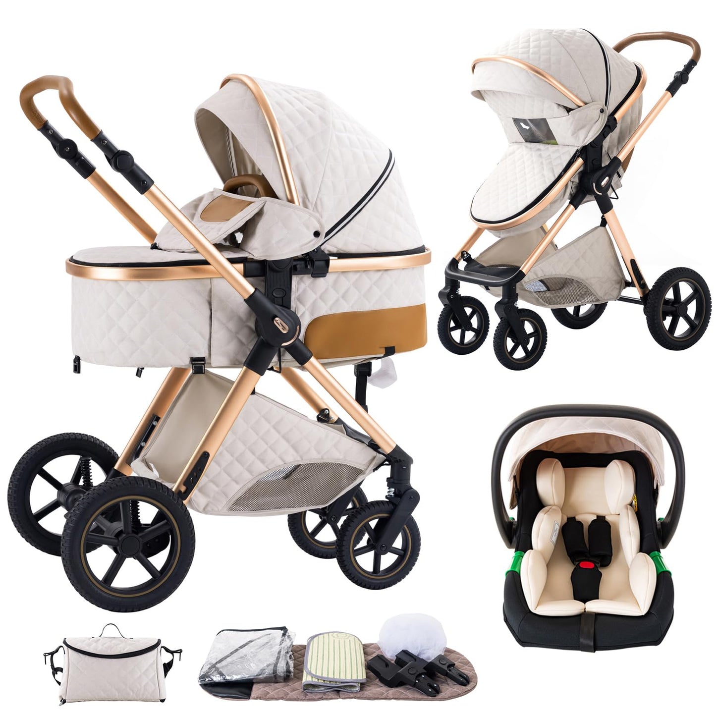 Shineey 3-in-1 Kinderwagen, Buggy, faltbarer Kinderwagen-Satz, Kombi-Kinderwagen 3-in-1 mit großer, komfortabler Babywanne, Gestell aus Aluminiumlegierung 