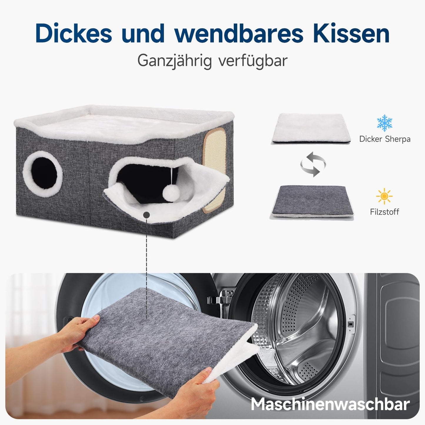 Faltbares Katzenhaus, mit Kratzbrett und Spielball, Katzenhaus Höhle für kleine und mittlere Haustiere 