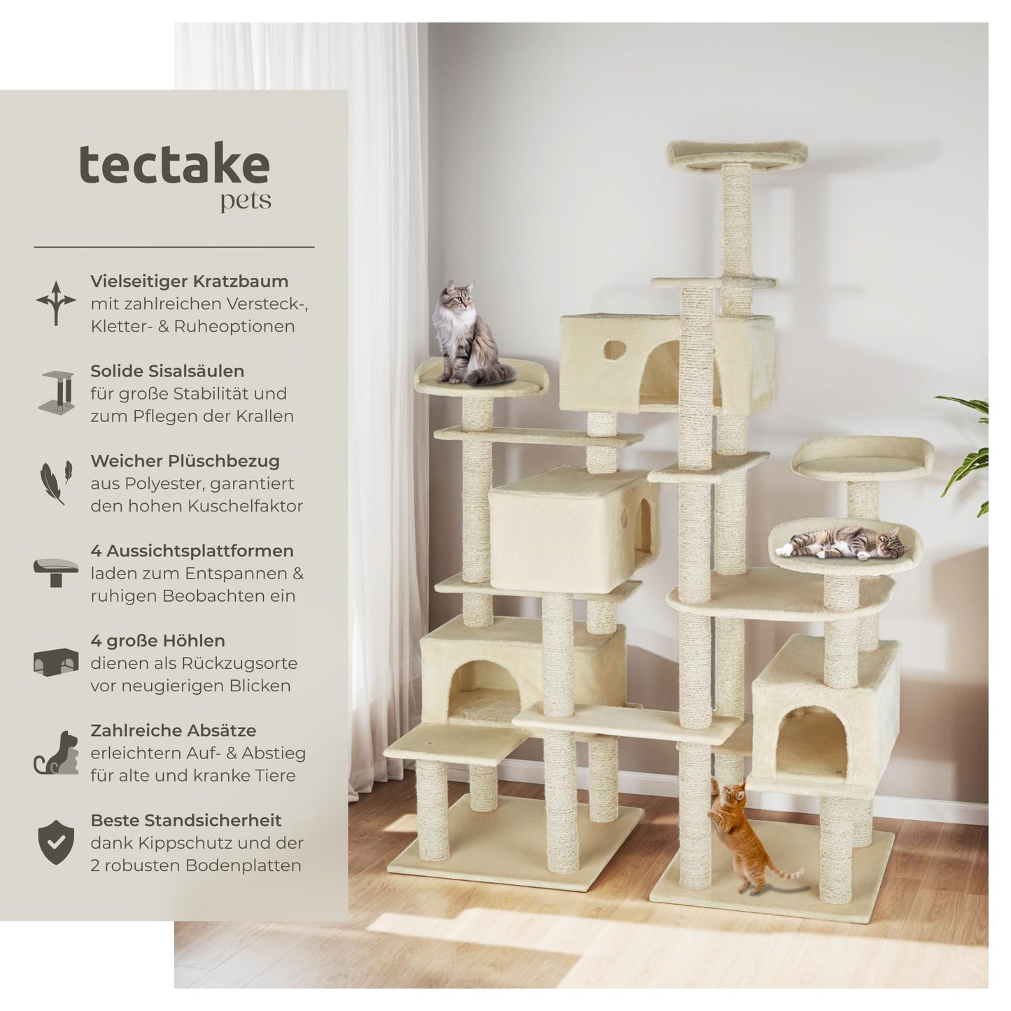 tectake® Katzen Kratzbaum mit Zubehör für Katze groß XXL, Spielturm mit Kratzsäule 