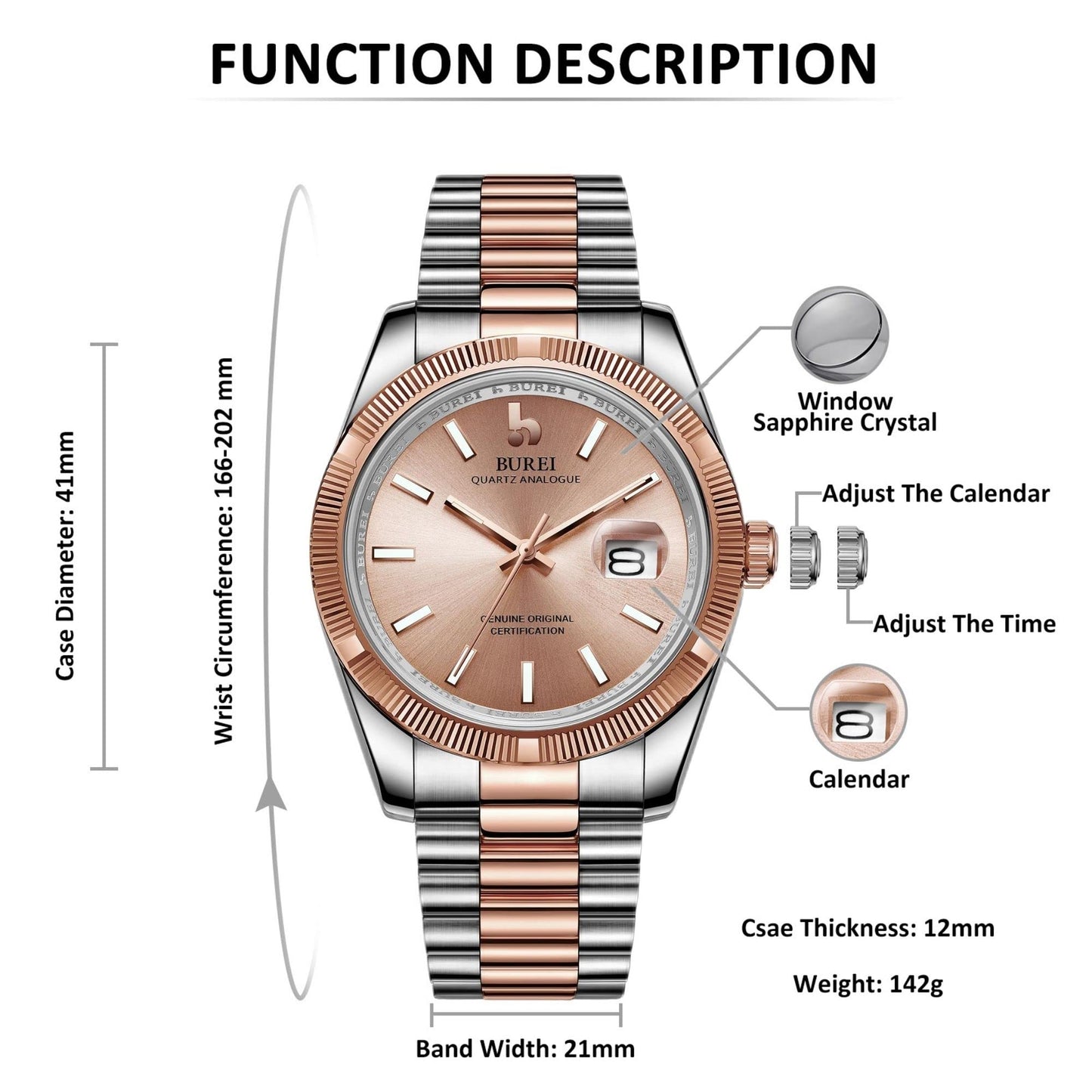 BUREI Herren Uhren Quarz Armbanduhr Datumsanzeige Saphirglas Objektiv mit Zwei Tönen Edelstahlband