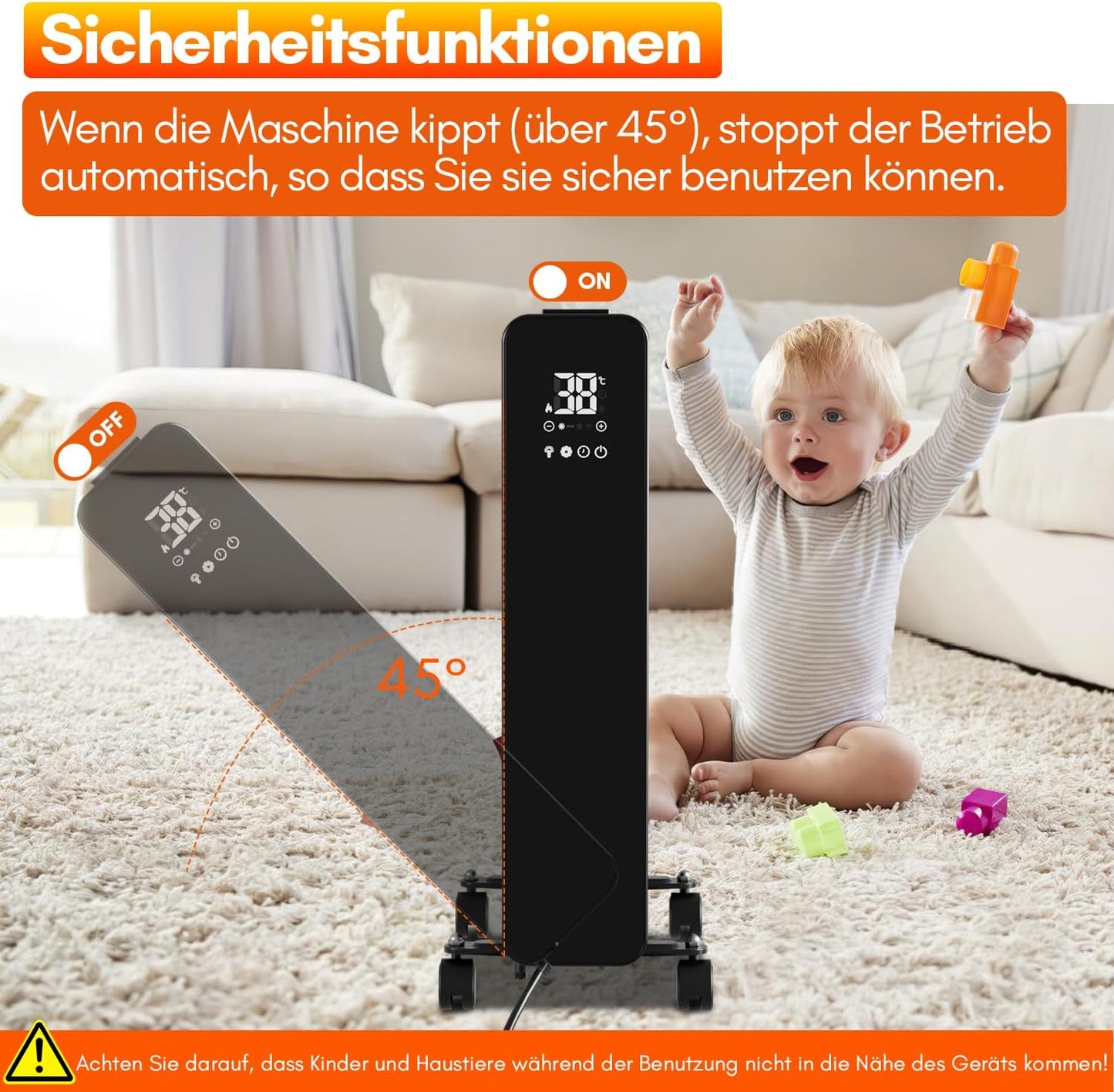 Fiqops Ölradiator 2500 W, energiesparend mit 11 Heizrippen, 3 Heizstufen, Thermostat, WLAN-App und Fernbedienung, Digitalanzeige