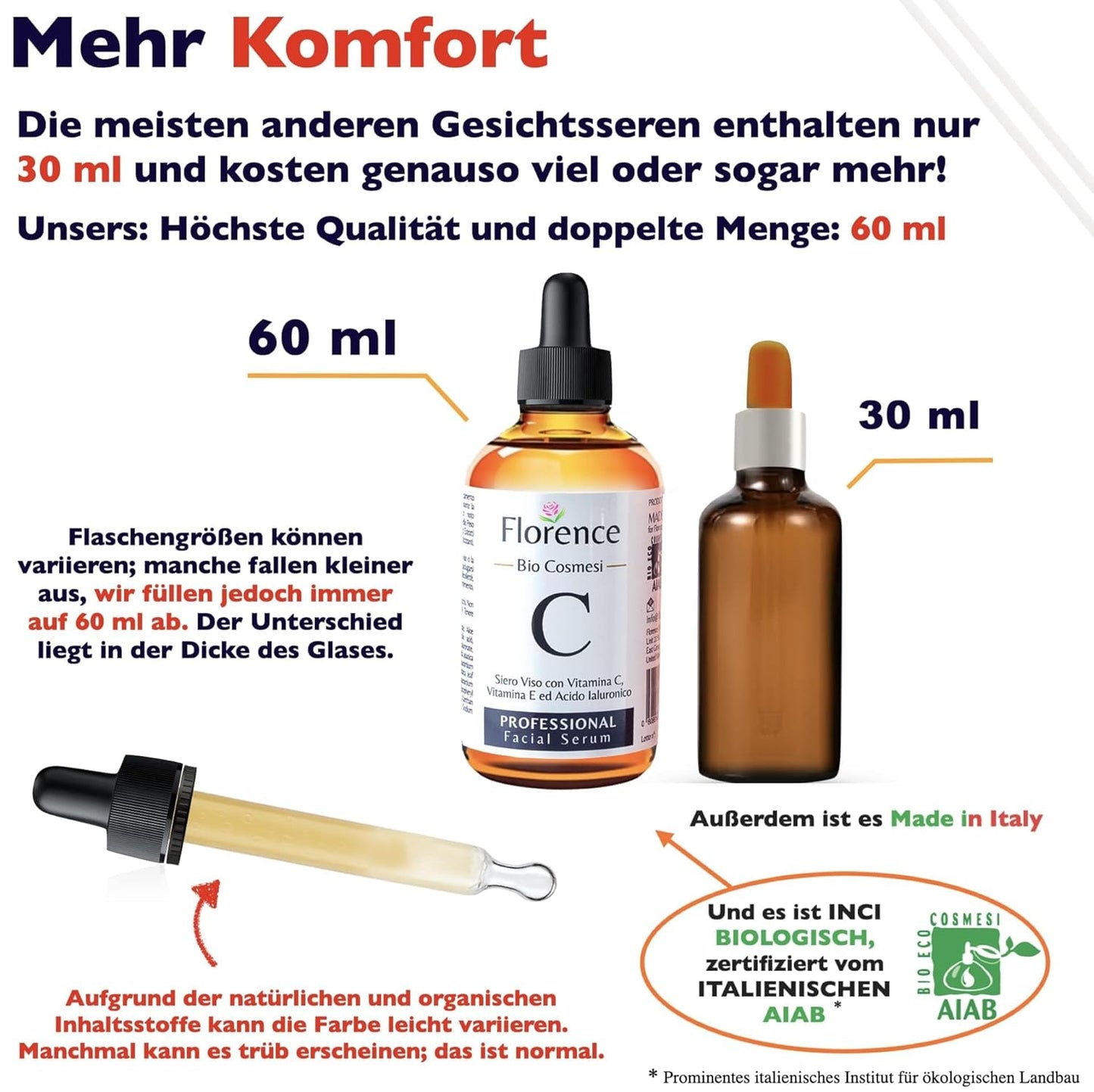 Serum mit Vitamin C 60ml Bio Hyaluron, E. Hochkonzentriert Anti-Falten, Anti-Aging &amp; Dunkle-Flecken. Hyaluronsäure-Gesichtsserum 