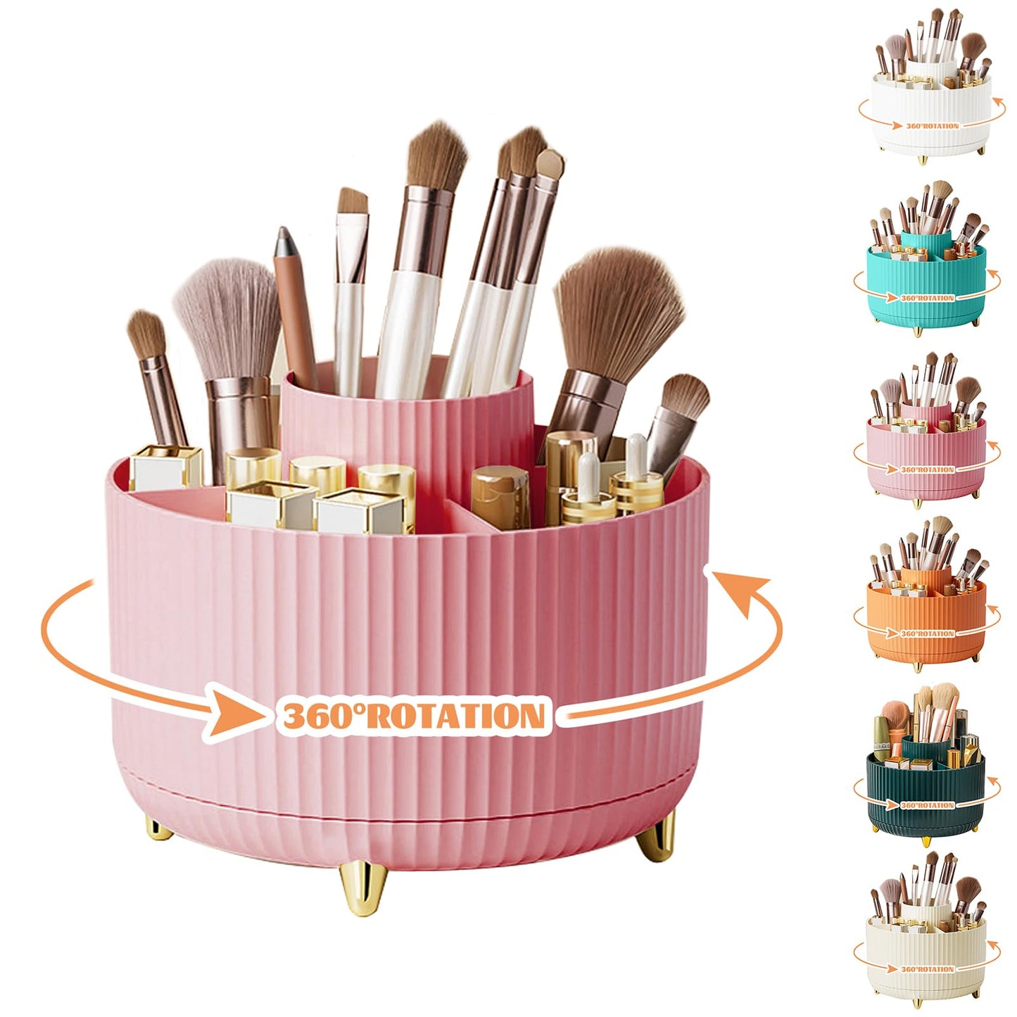 Make up Organizer 360° Drehbar, Pinselhalter Kosmetik Aufbewahrung mit 5 Fächern, Aesthetic Schminktisch Organizers für Zimmer Decor Frisiertisch 