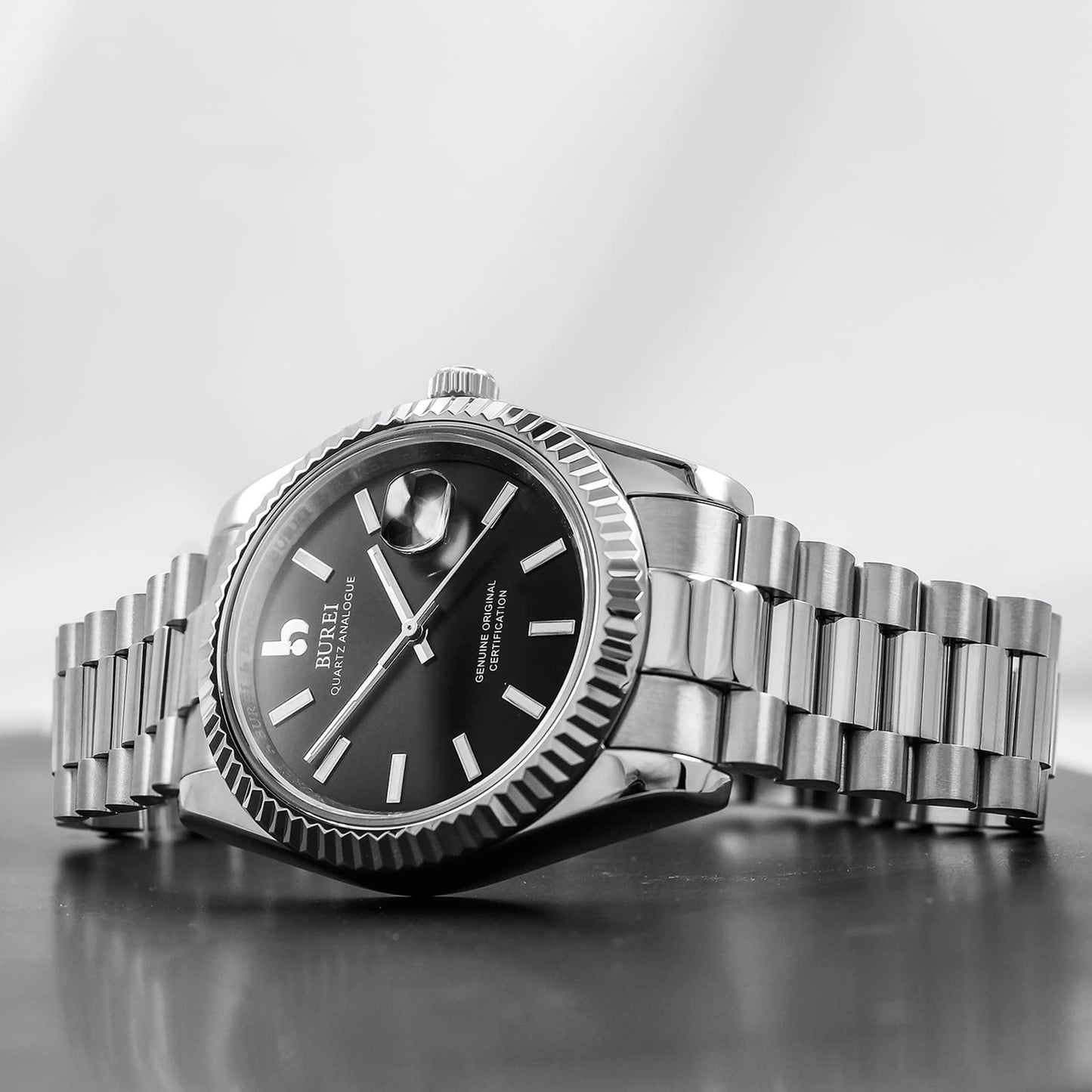 BUREI Herren Uhren Quarz Armbanduhr Datumsanzeige Saphirglas Objektiv mit Zwei Tönen Edelstahlband