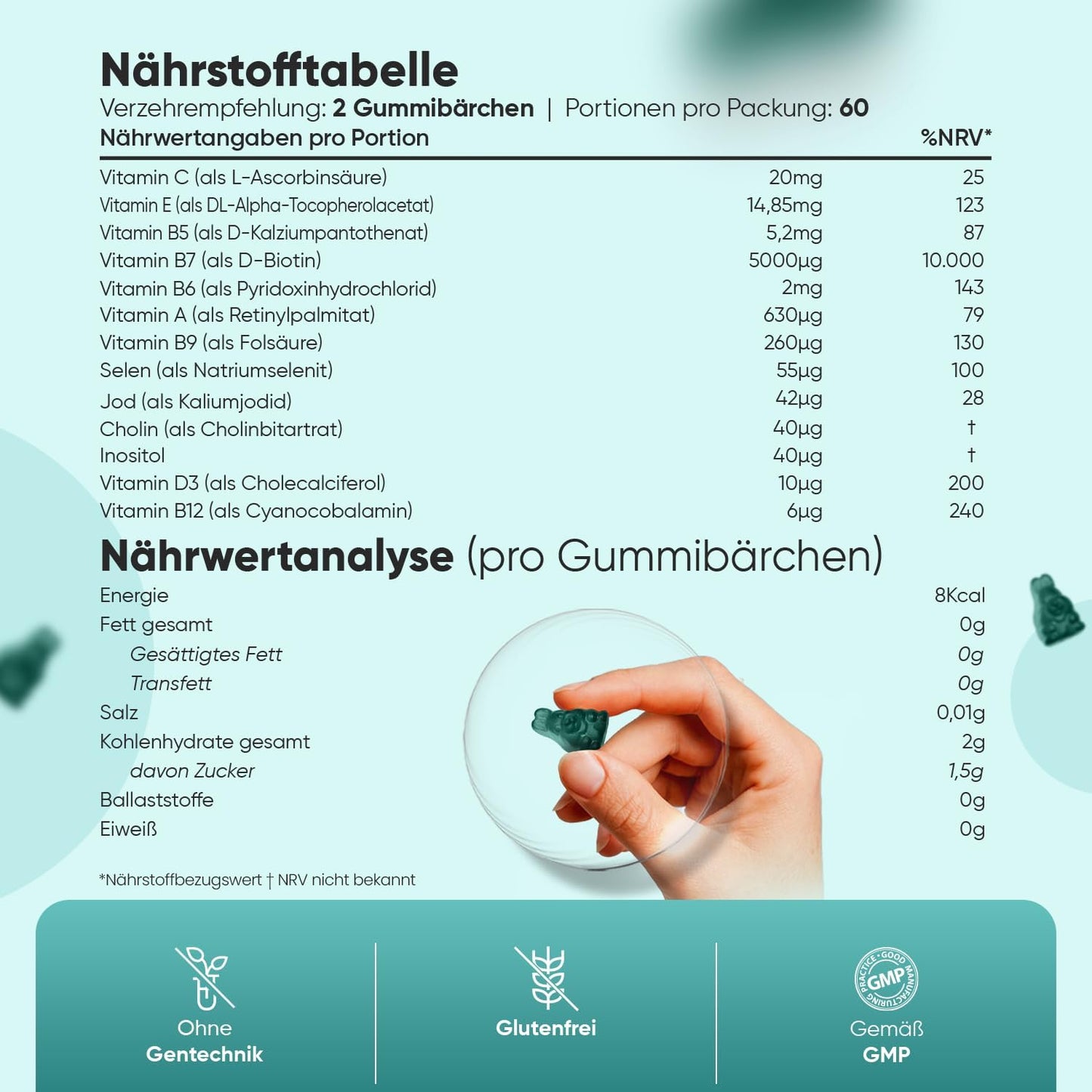 Biotin-Gummibärchen für Haut, Haare und Nägel – mit 5000 µg Biotin, Folsäure, Selen, Jod, Vitamin A, B12 und E – vegetarisch und ohne Gelatine – 120 Haargummibärchen 